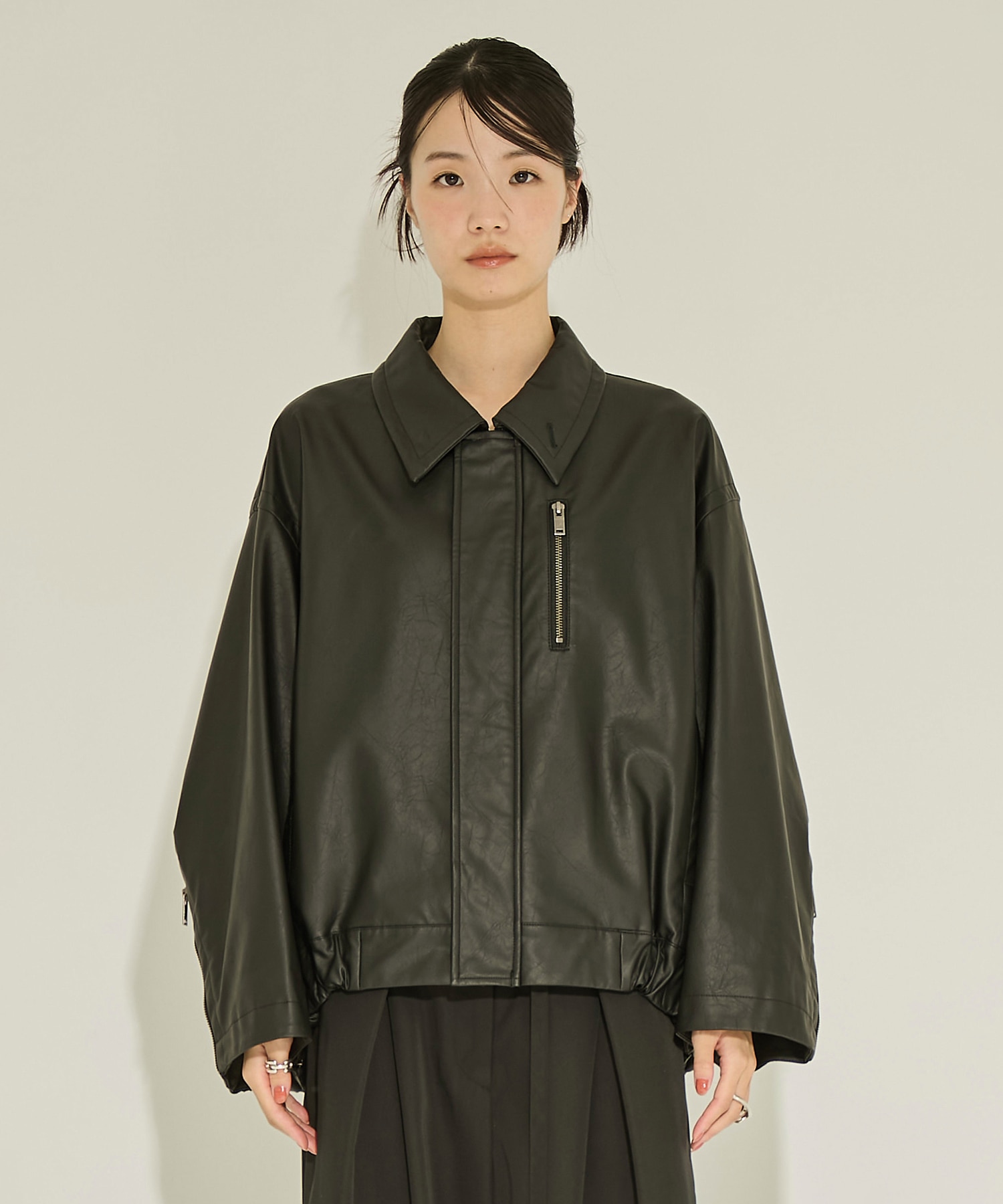 Faux Leather Stand Collar Blouson STUDIOUS