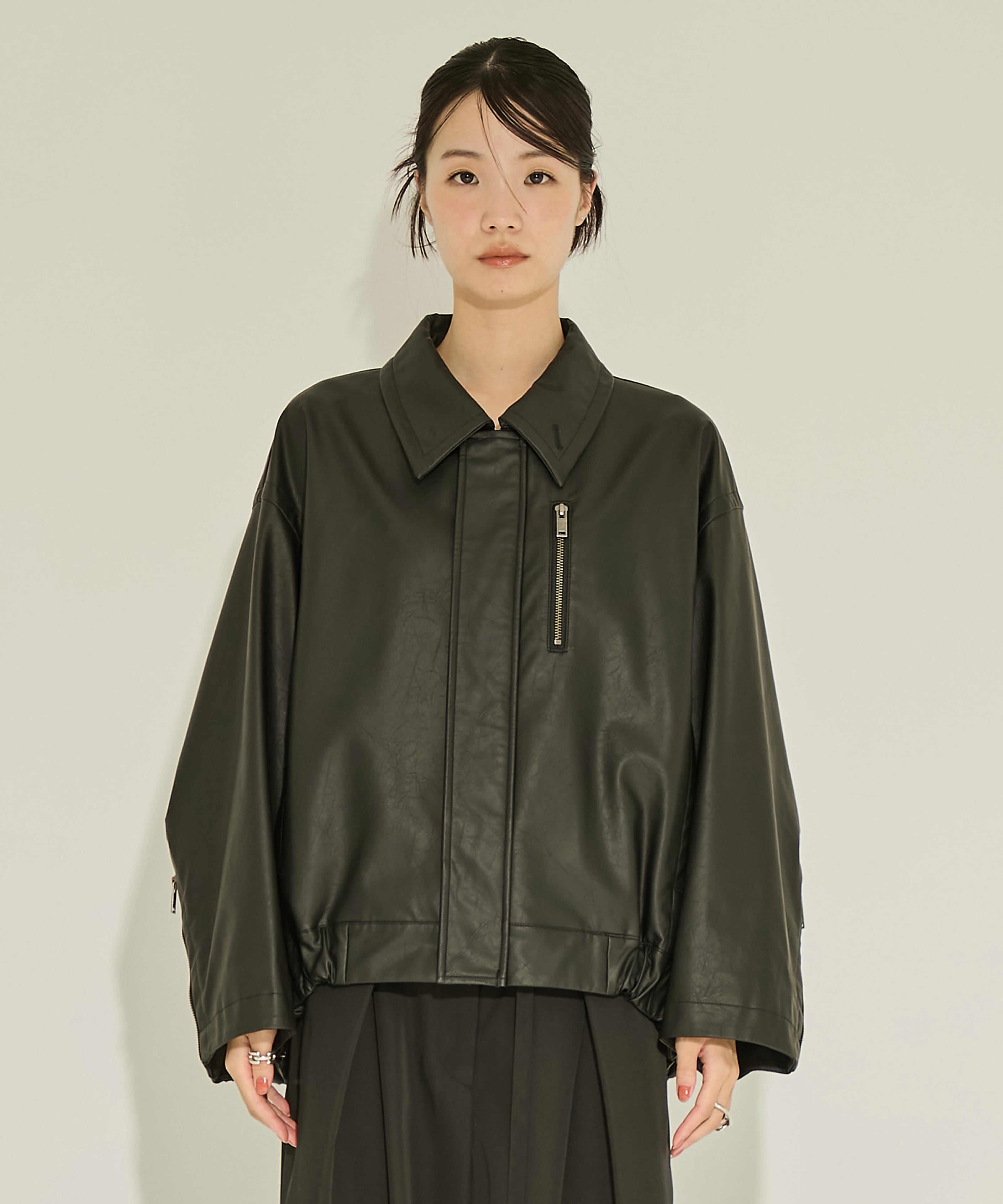 Faux Leather Stand Collar Blouson STUDIOUS