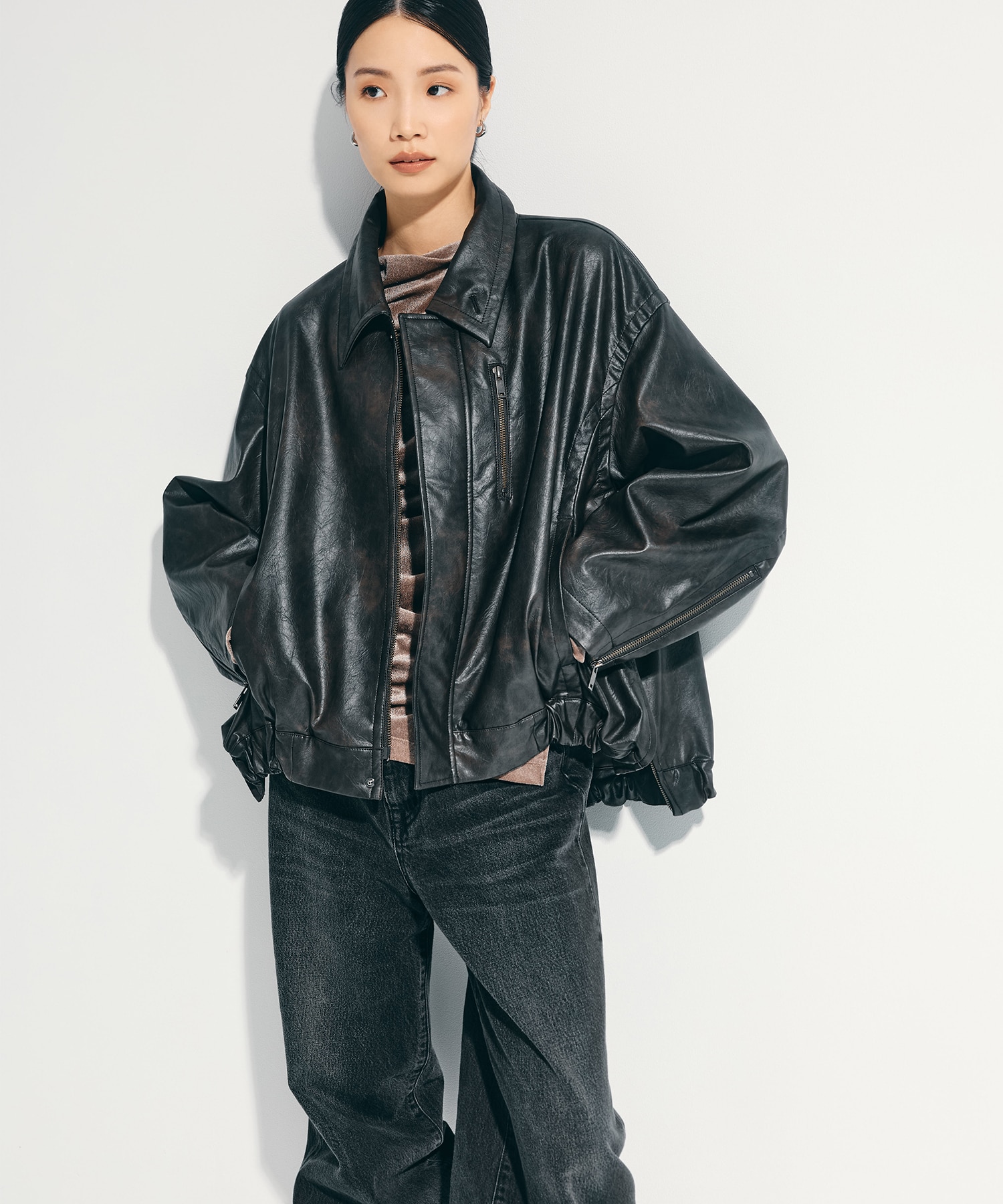 Faux Leather Stand Collar Blouson STUDIOUS
