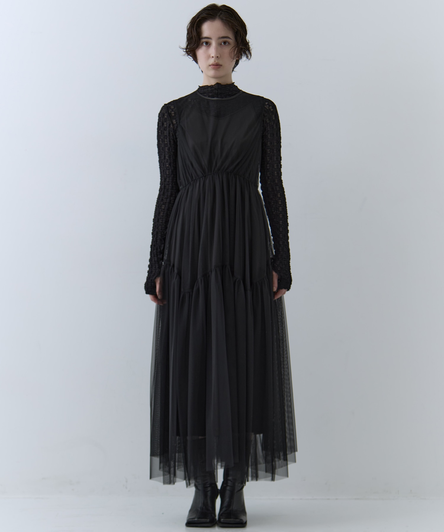 BLACK TULLE WAVE TIERED DRESS AMERI