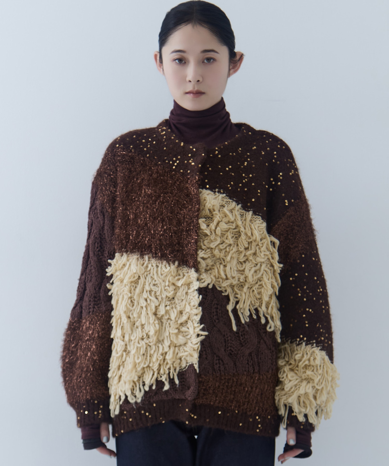 UND MIX YARN PATCHWORK KNIT CARDIGAN AMERI