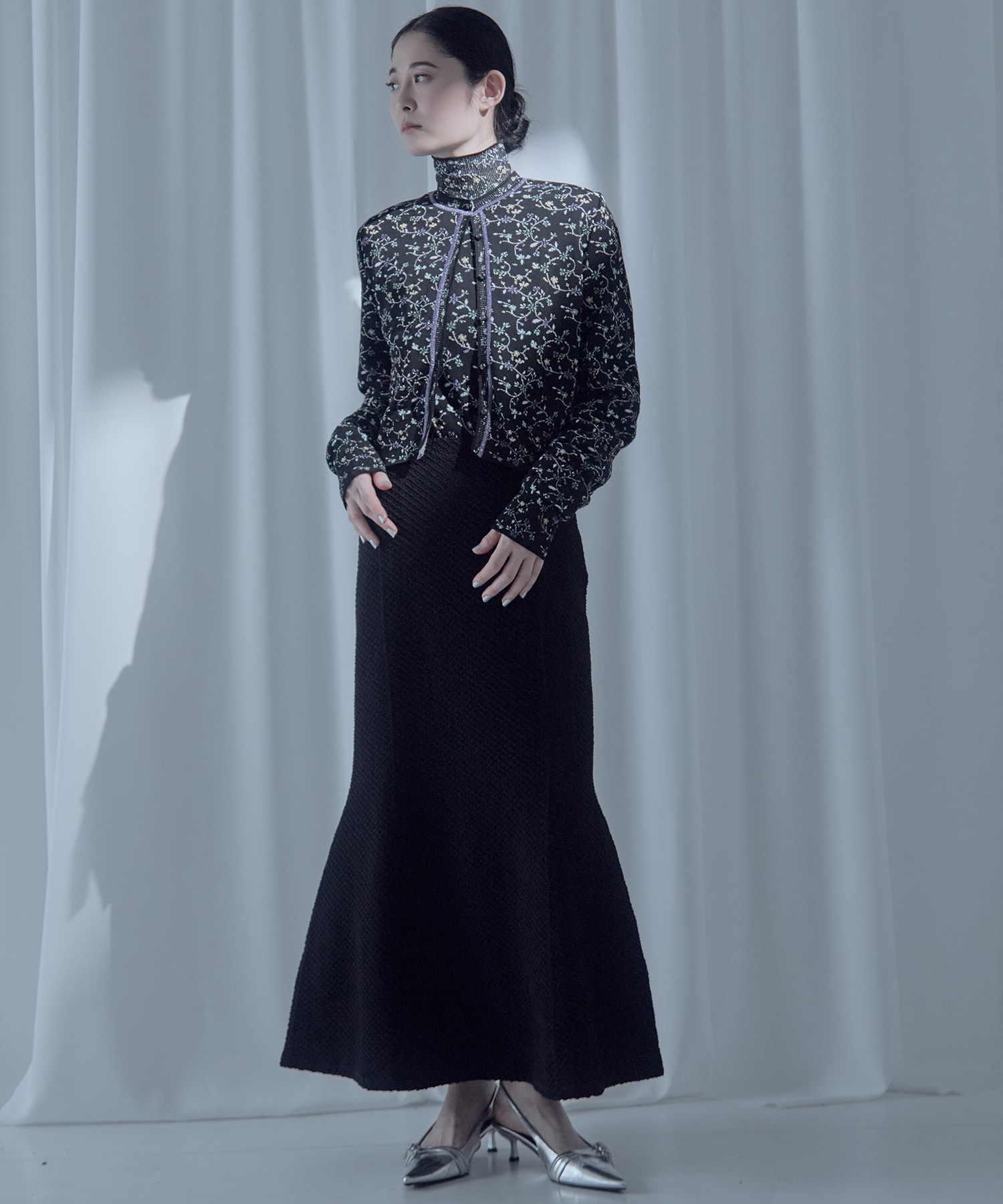 Floral Motif Glitter High Neck Knit Top Mame Kurogouchi