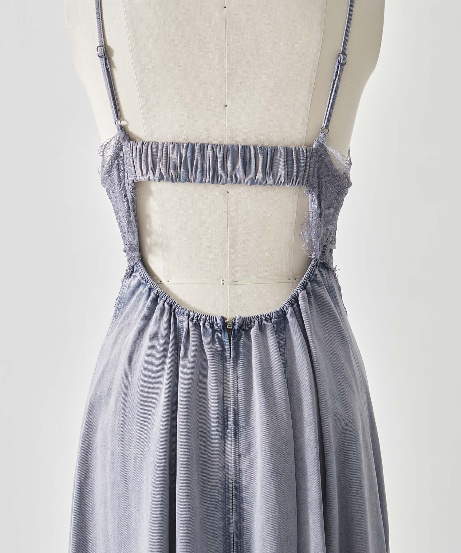 LACE DOCKING TENCEL DENIM FLARE DRESS AMERI