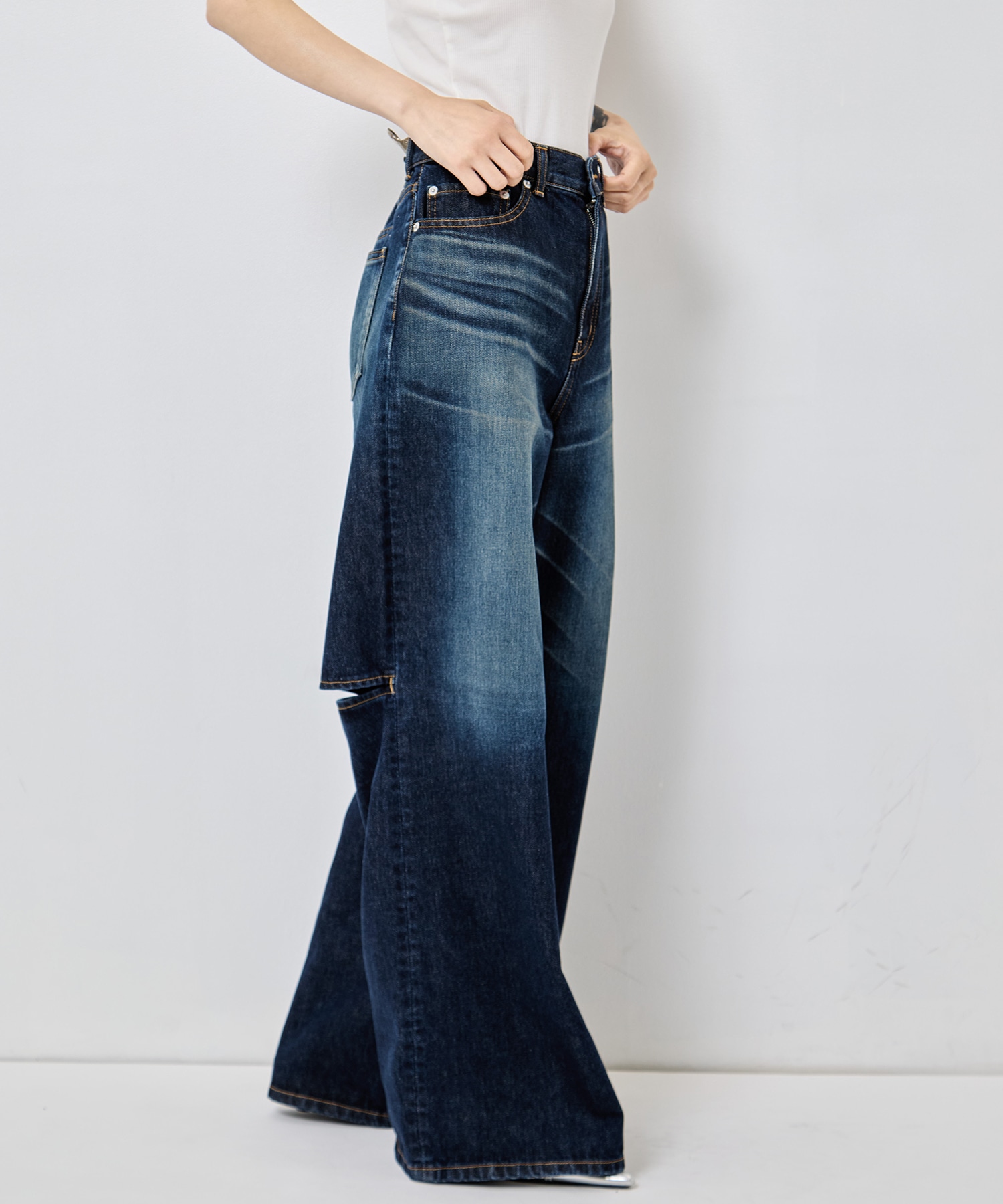 別注 WASHED DENIM CUT OUT WIDE PANTS JOHN LAWRENCE SULLIVAN