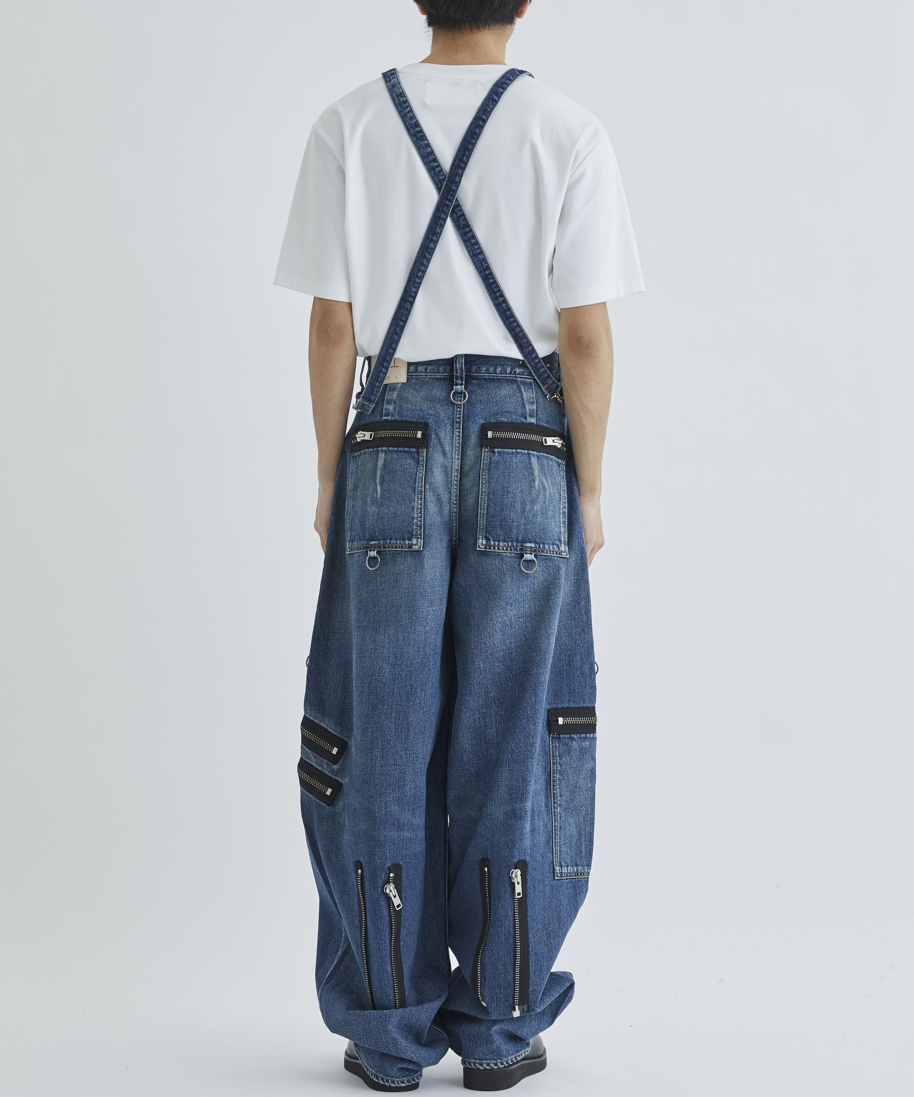 WIDE ZIP & STRAPS DENIM PANTS - DISTRESSED DENIM｜KIDILL