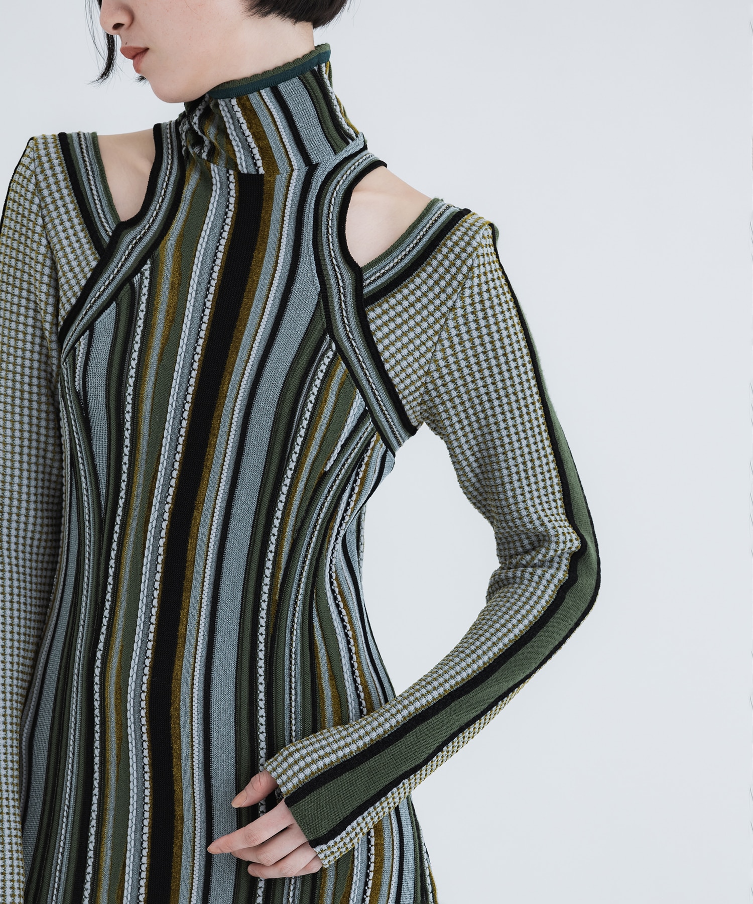 Stripe Jacquard High Neck Knitted Dress(1 KHAKI): Mame Kurogouchi