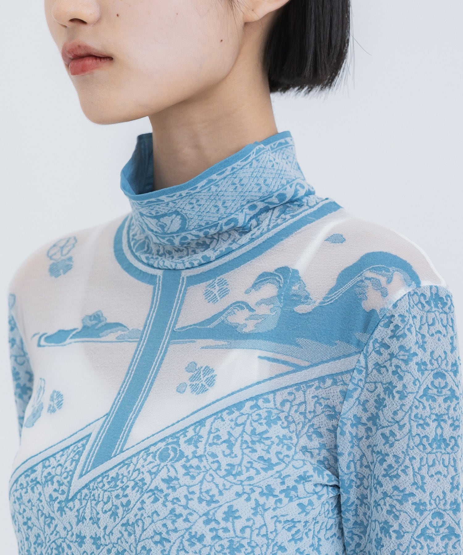 Landscape Graphic Sheer Knitted High Neck Top Mame Kurogouchi