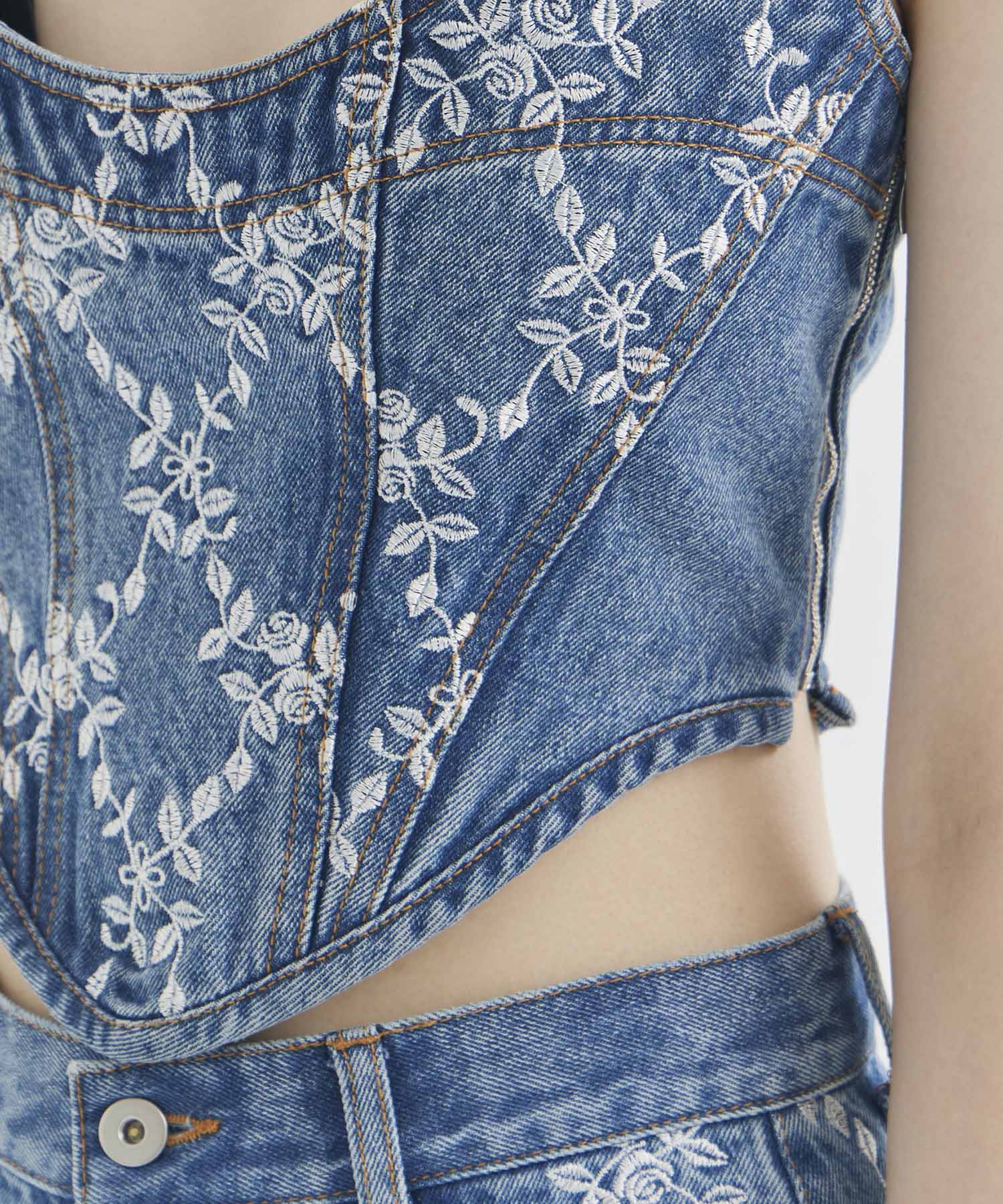 FLOWER EMBROIDERED DENIM BUSTIER FETICO