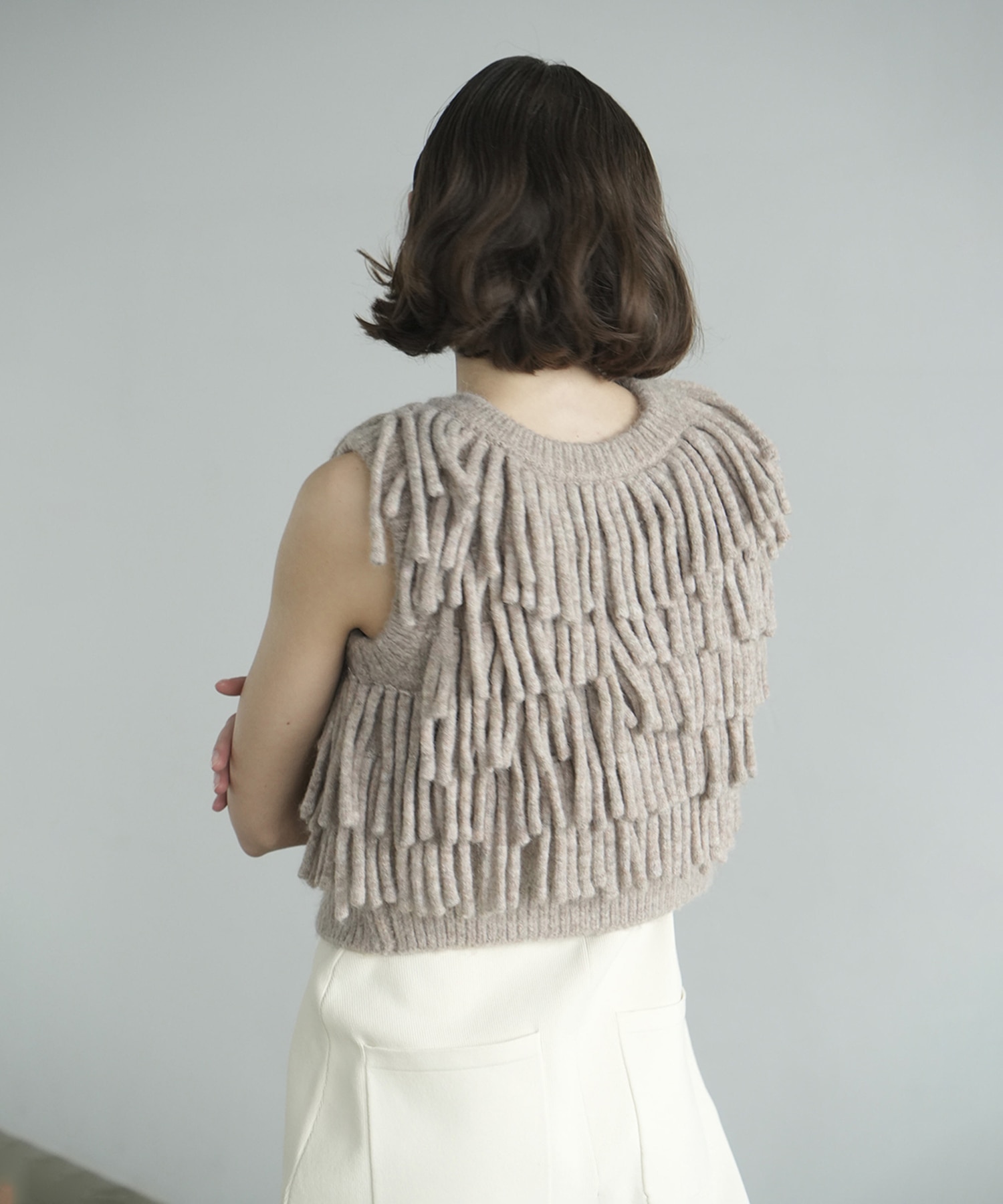 W FACE FRINGE KNIT VEST CLANE