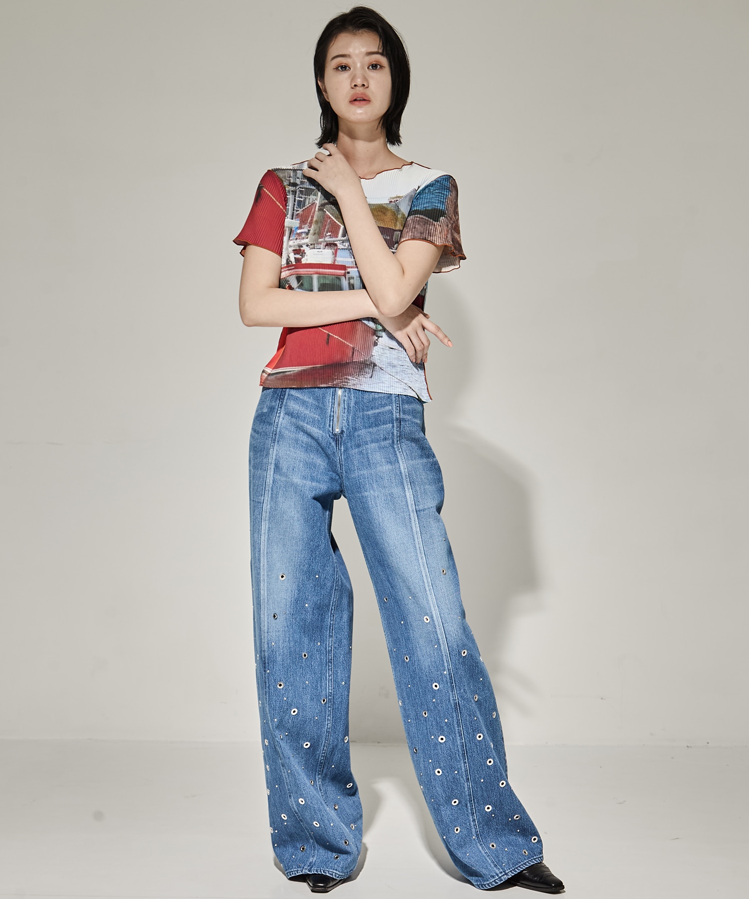 ORGANIC COTTON DENIM WIDE-LEG JEANS WITH STUDS FETICO