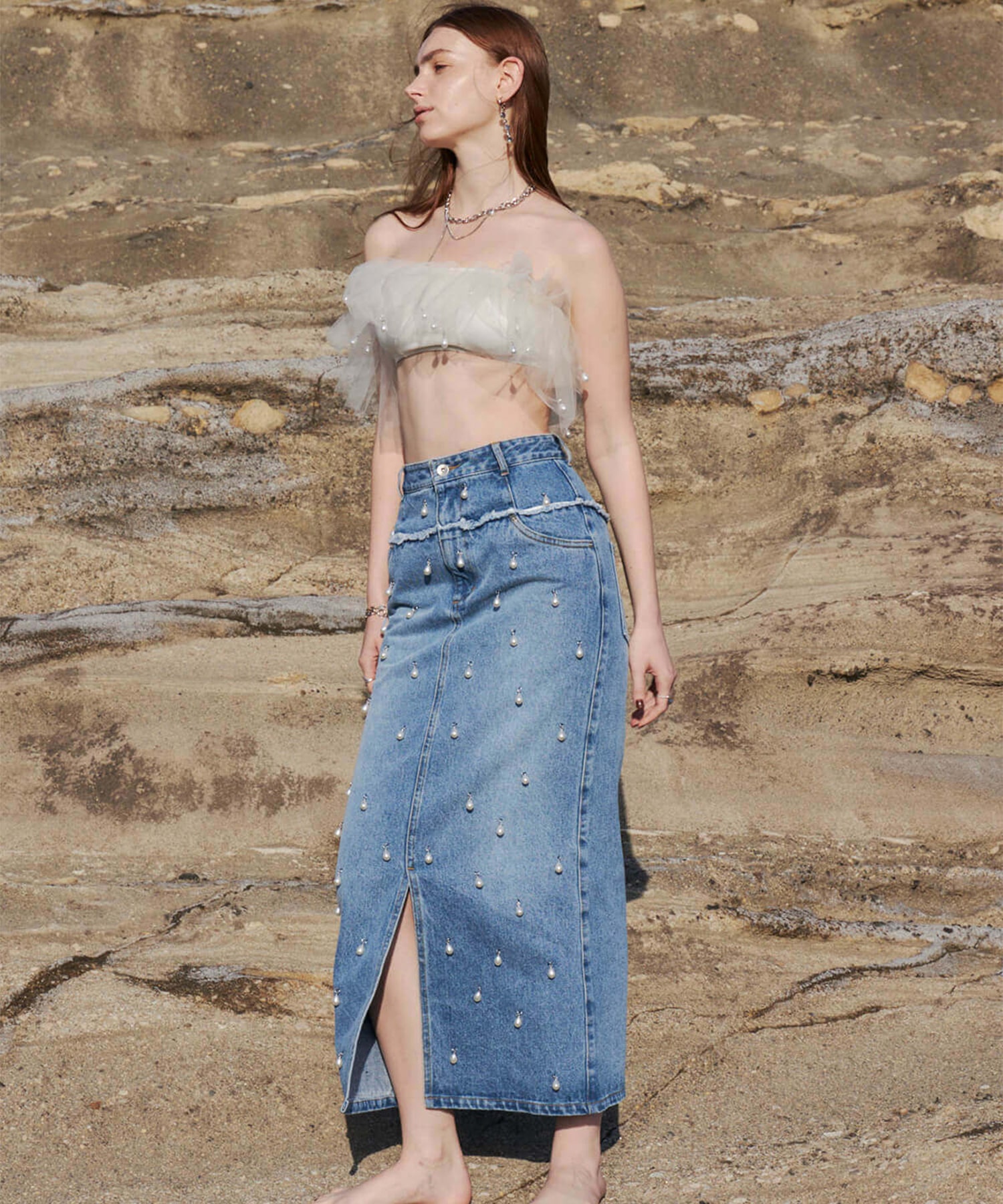 DENIM LONG SKIRT with PEARL JOSEMOON