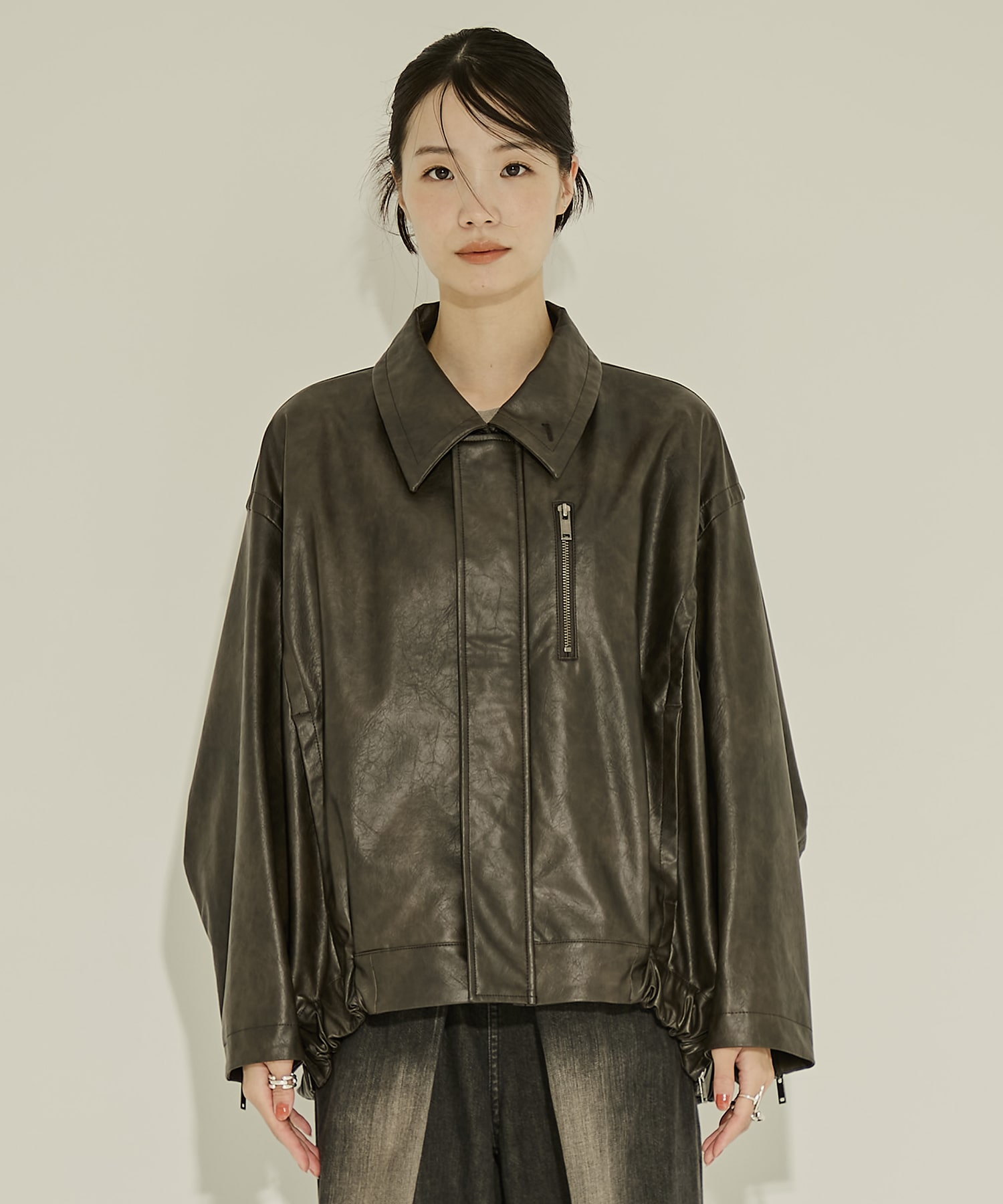 Faux Leather Stand Collar Blouson STUDIOUS