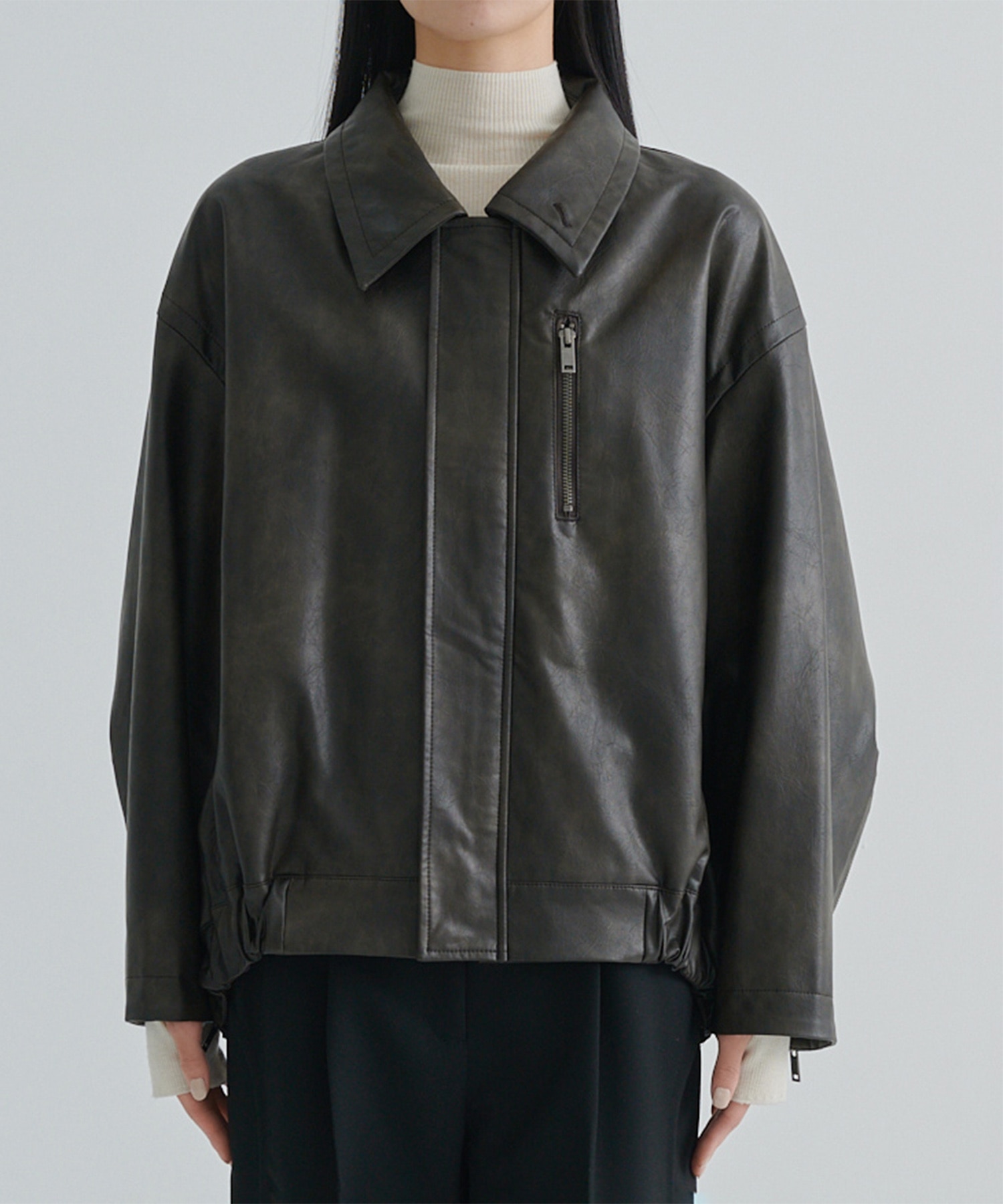 Faux Leather Stand Collar Blouson STUDIOUS