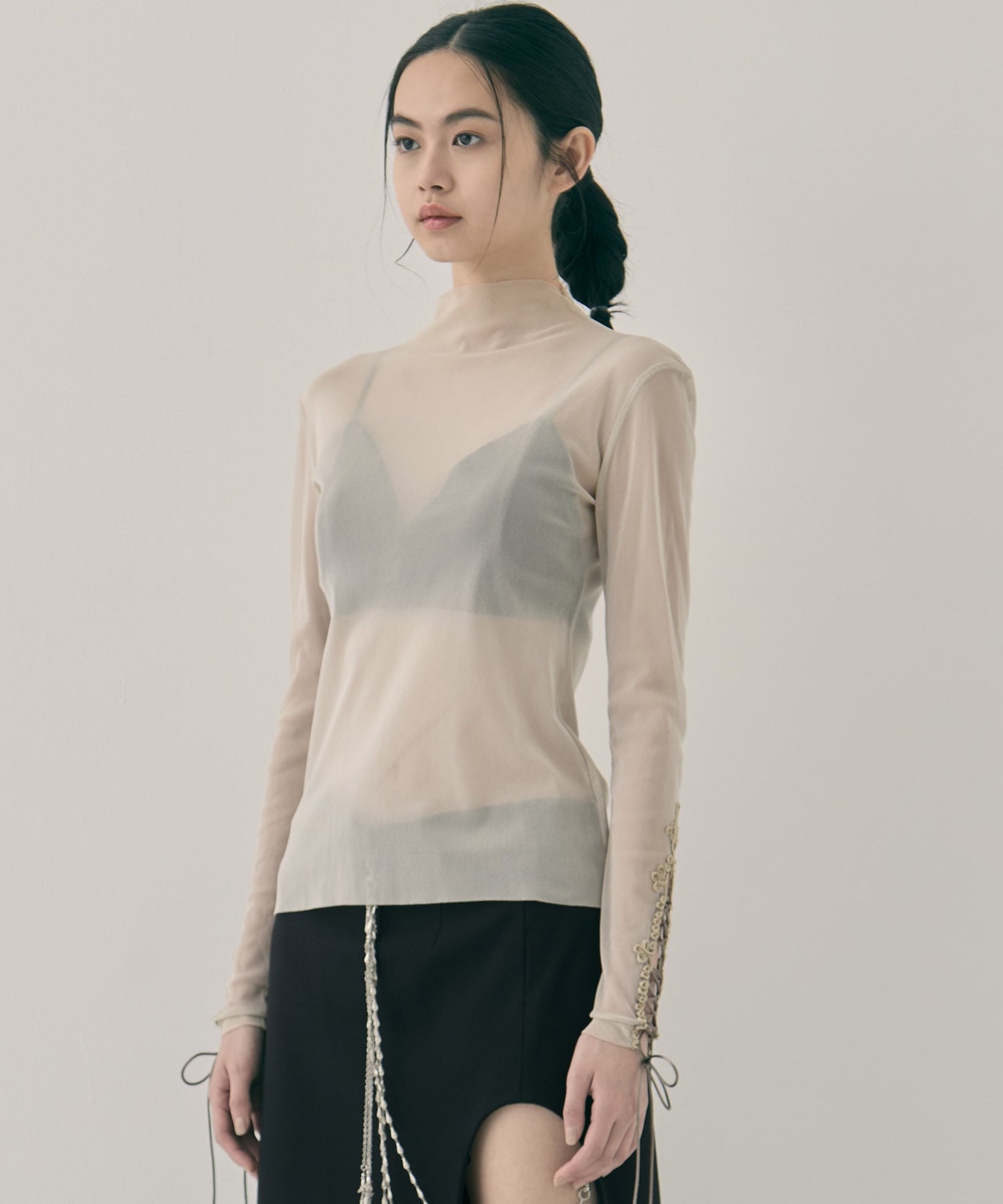 lace up sleeve sheer tops Beige tanakadaisuke