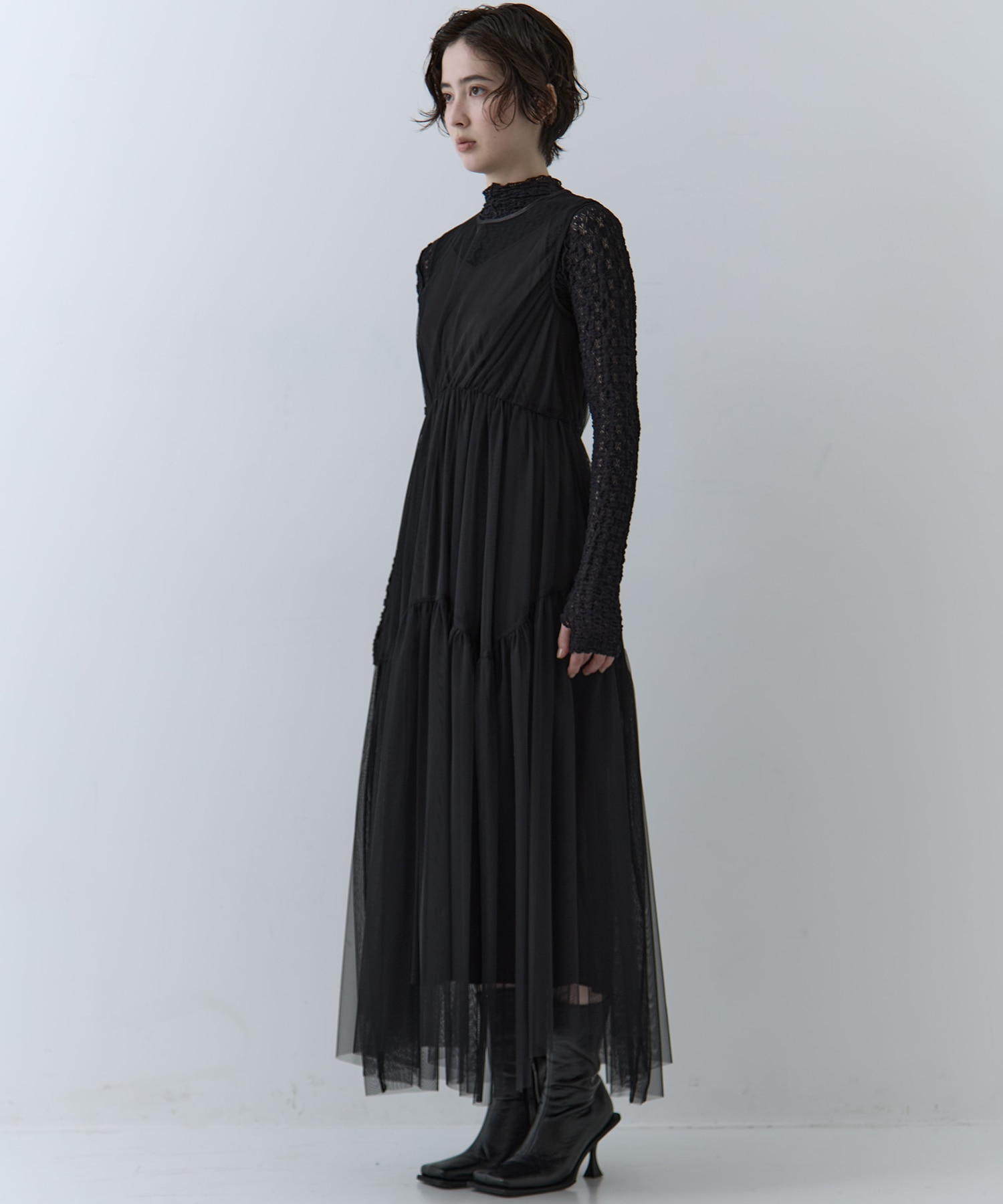 BLACK TULLE WAVE TIERED DRESS AMERI
