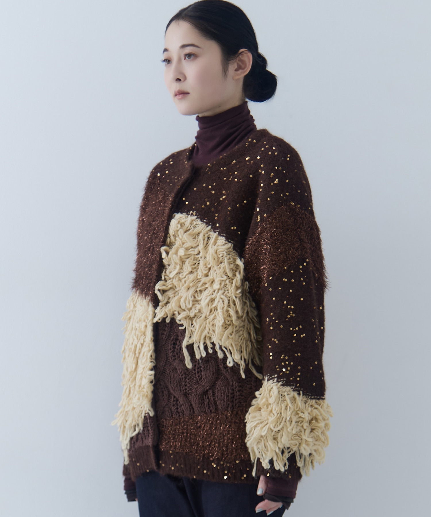 UND MIX YARN PATCHWORK KNIT CARDIGAN AMERI