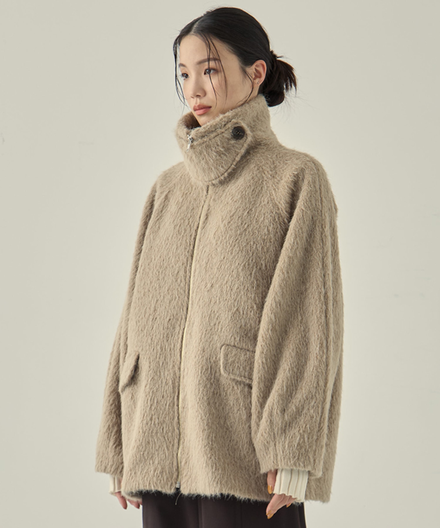 STAND COLLAR SHAGGY MIDDLE COAT STUDIOUS