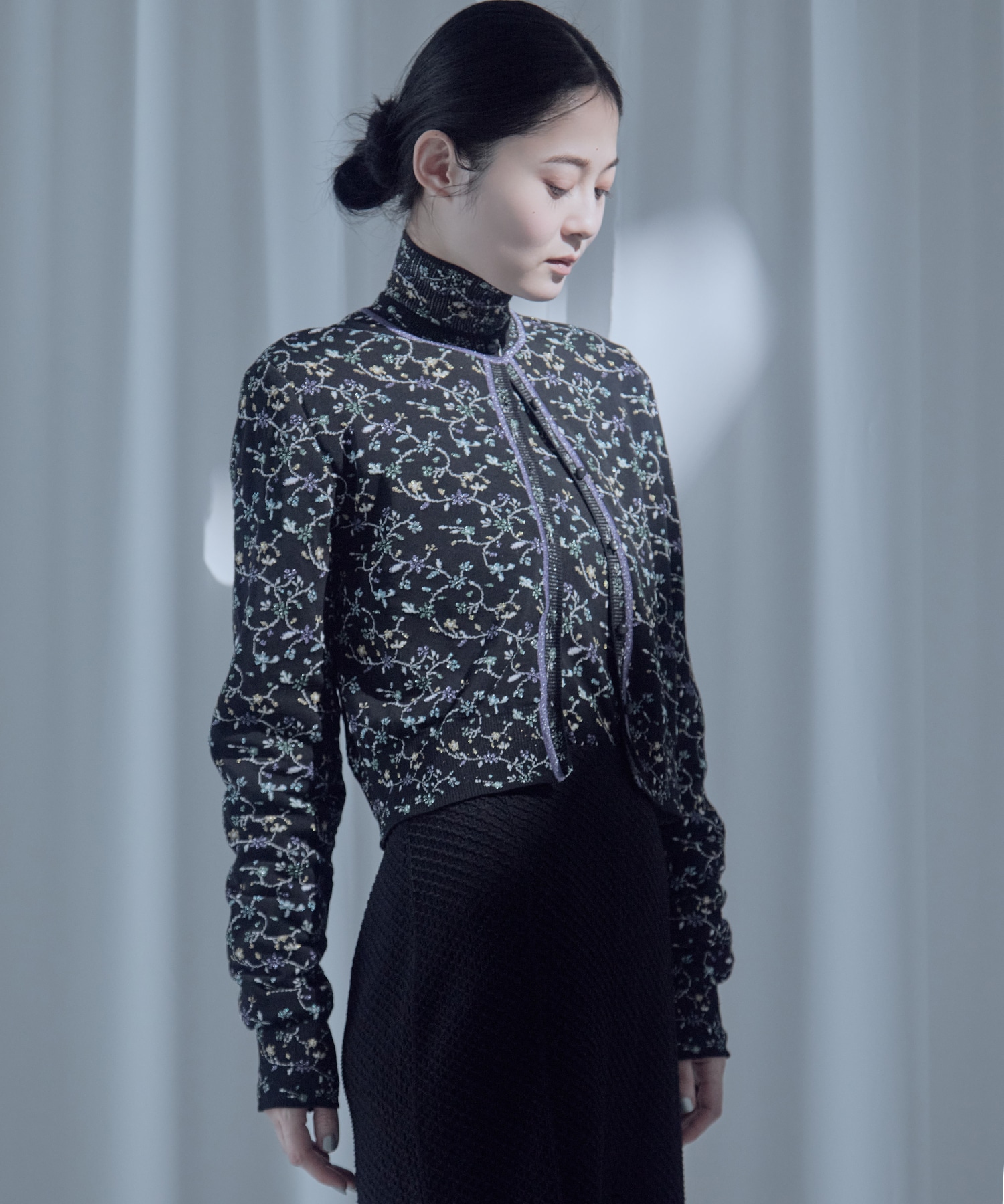 Floral Motif Glitter High Neck Knit Top Mame Kurogouchi