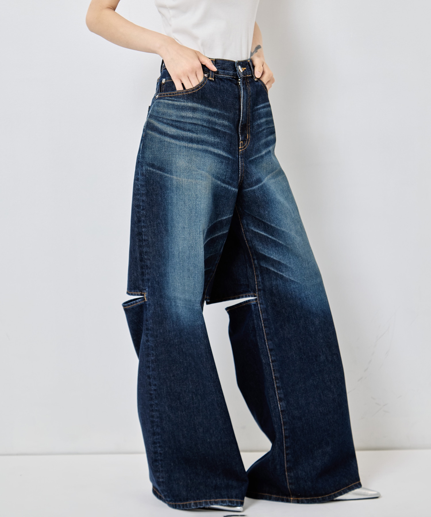 別注 WASHED DENIM CUT OUT WIDE PANTS JOHN LAWRENCE SULLIVAN