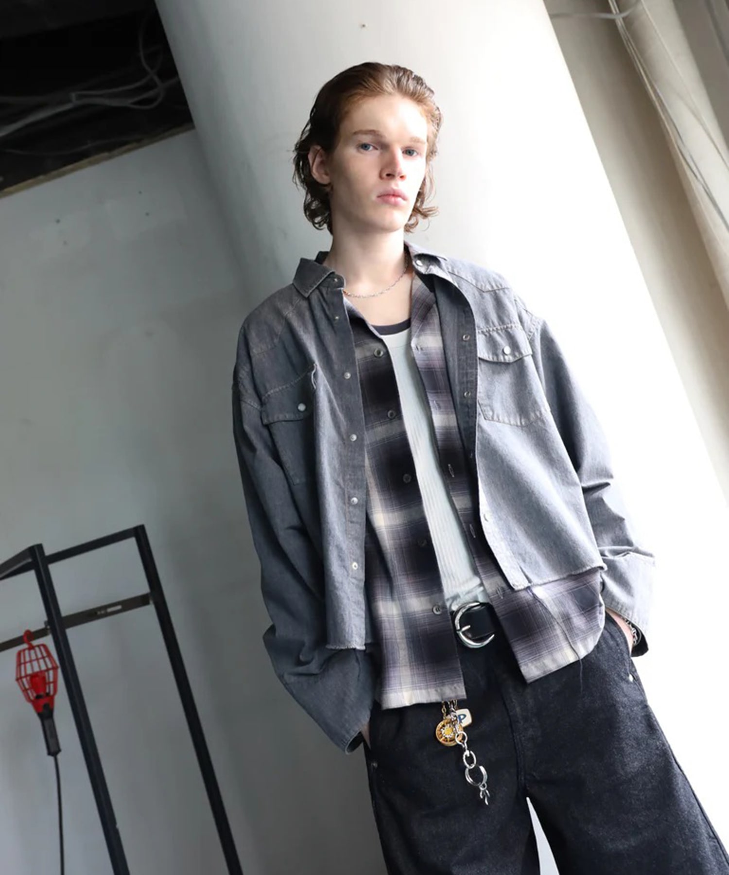 CHECK OPEN COLLAR SHIRT JieDa