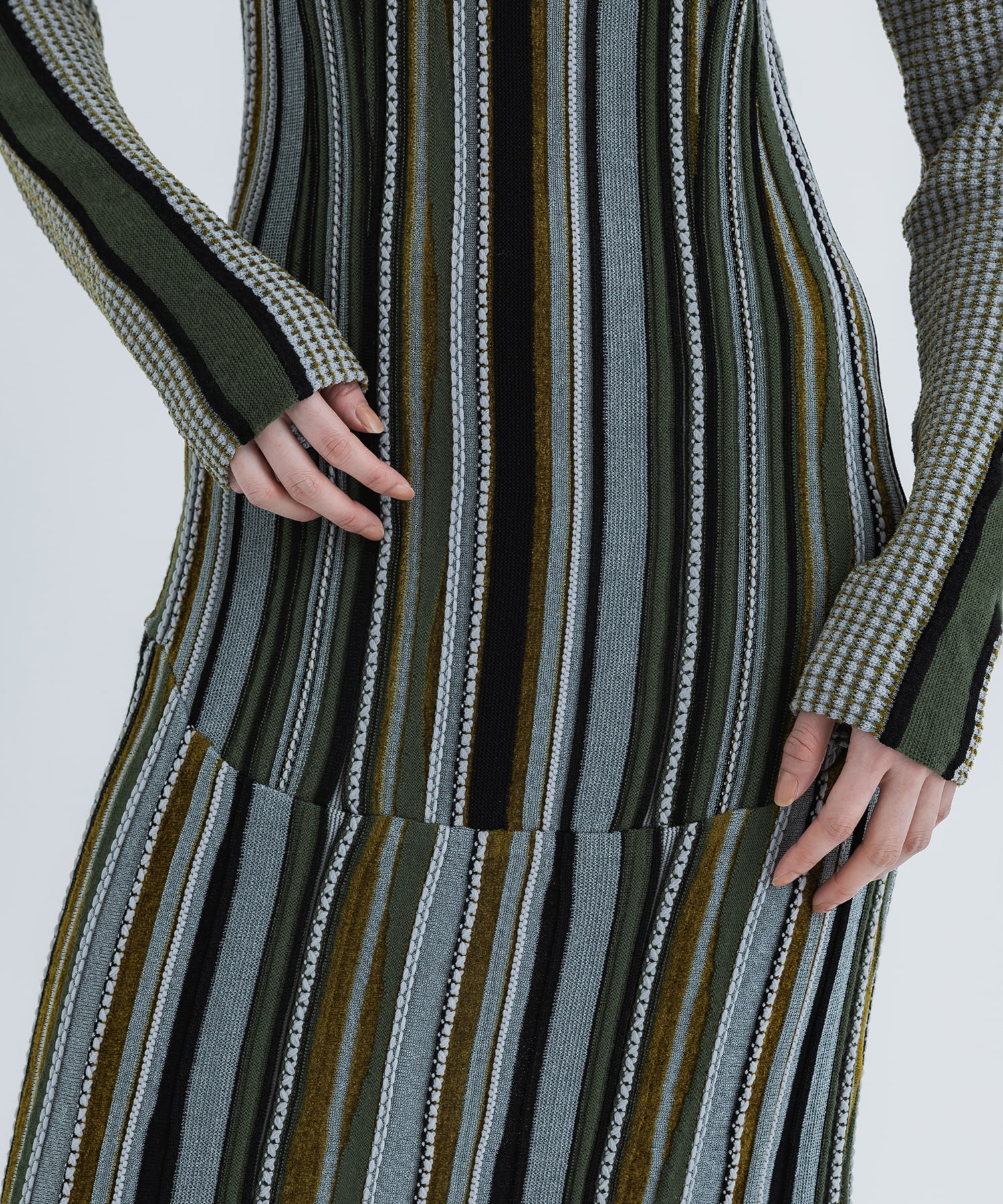 Stripe Jacquard High Neck Knitted Dress(1 KHAKI): Mame Kurogouchi ...