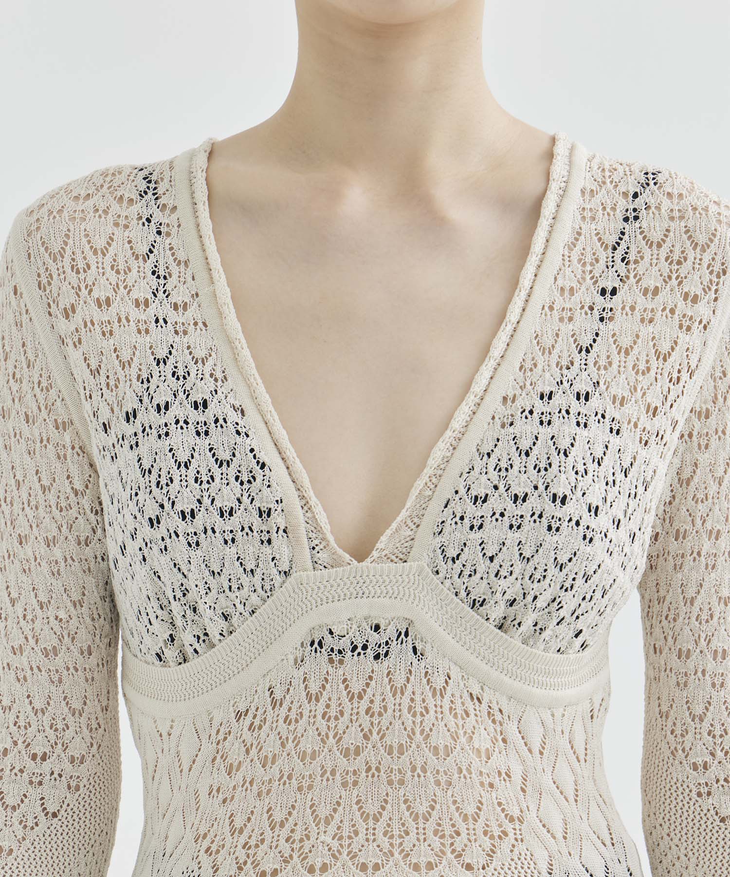 LACE KNIT V-NECK BODYSUITS FETICO