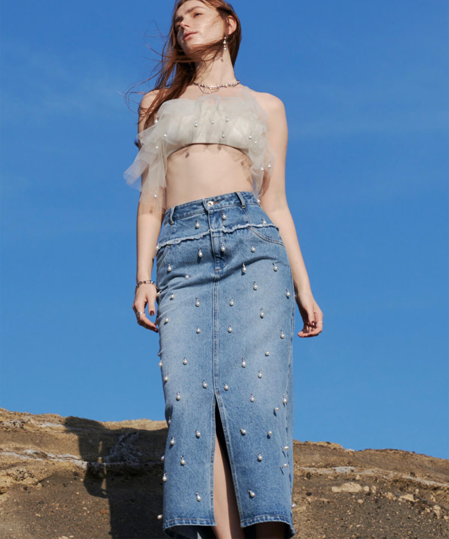 DENIM LONG SKIRT with PEARL JOSEMOON