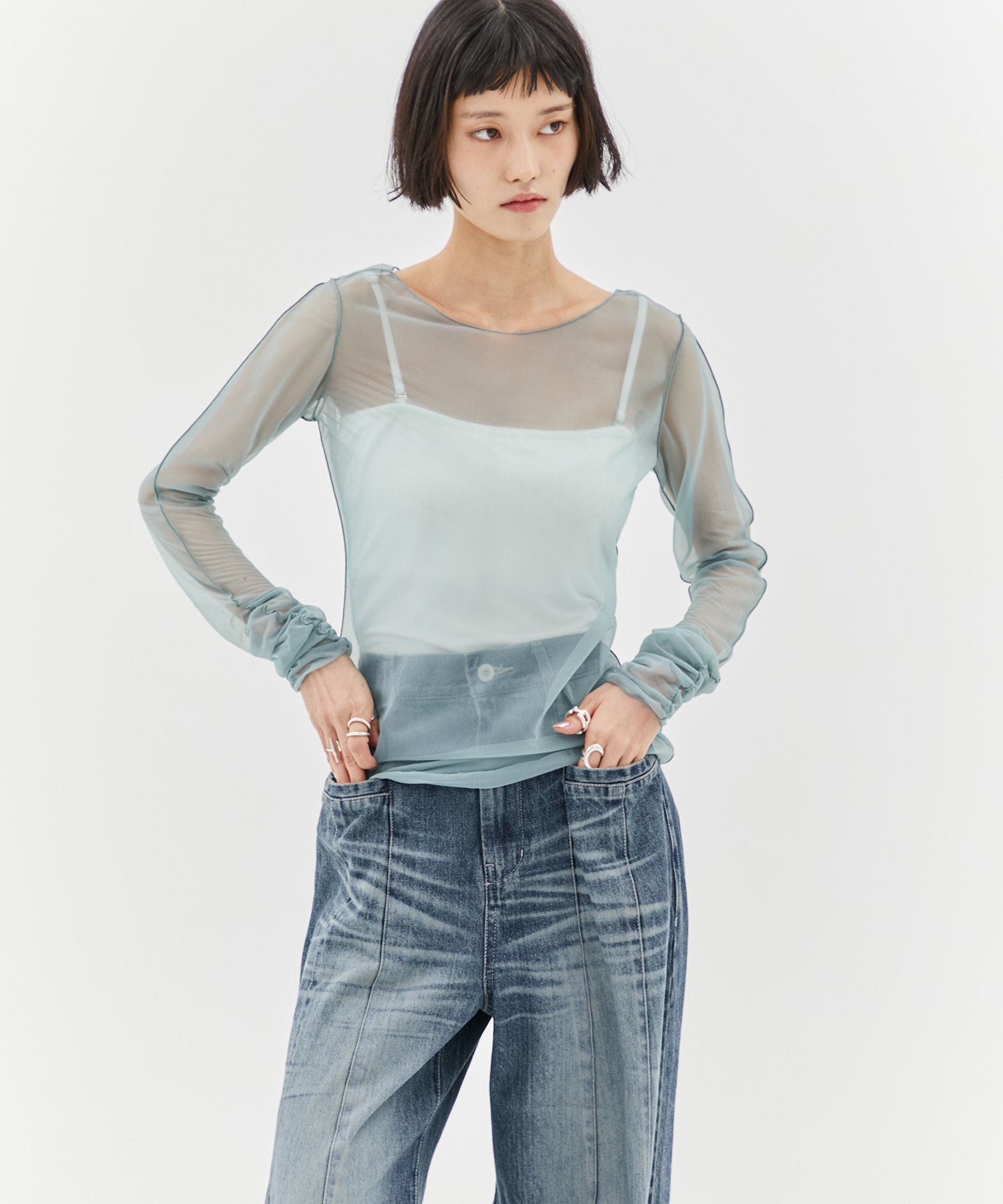 Gathered Sleeve Sheer Top STUDIOUS