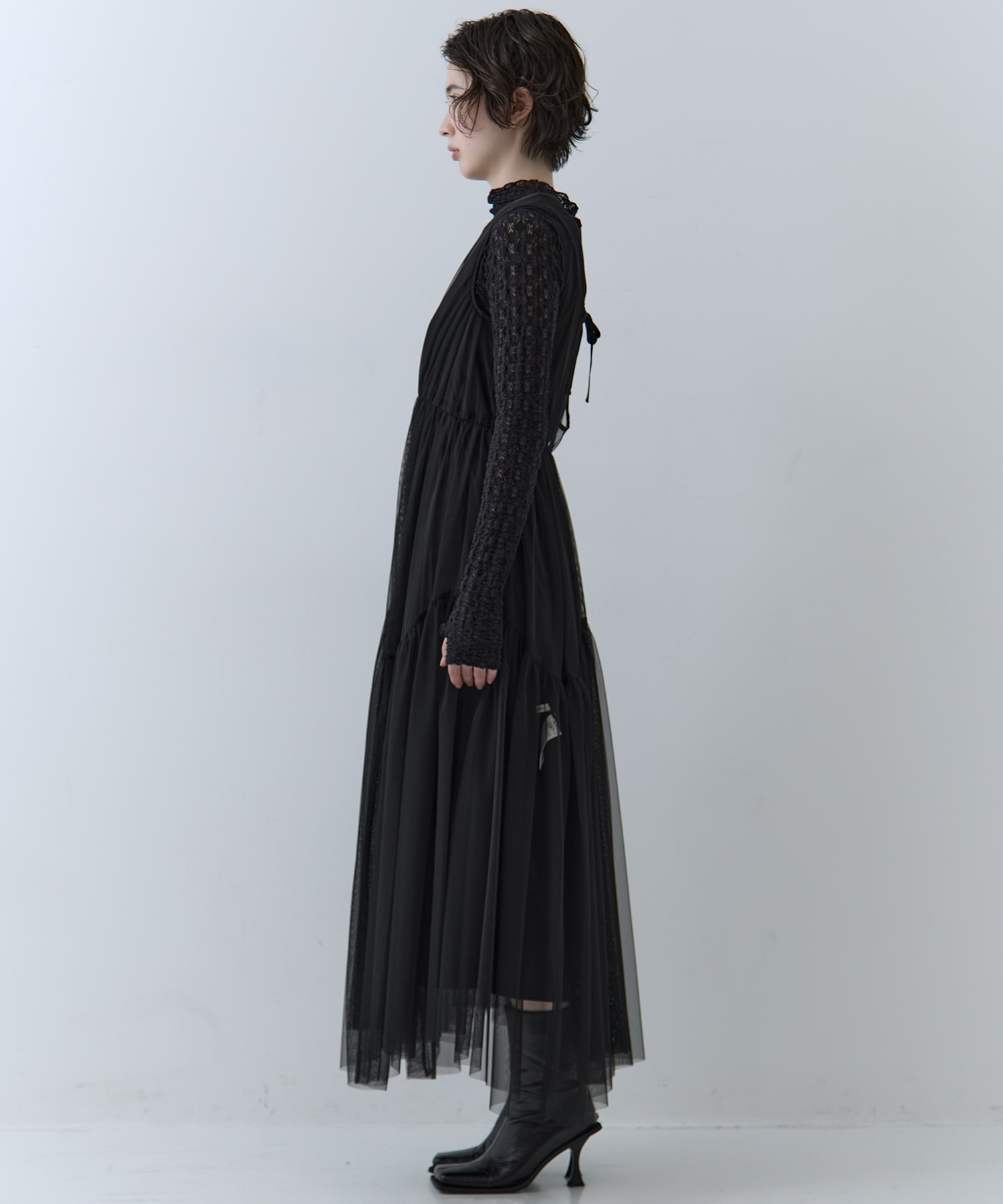 BLACK TULLE WAVE TIERED DRESS AMERI