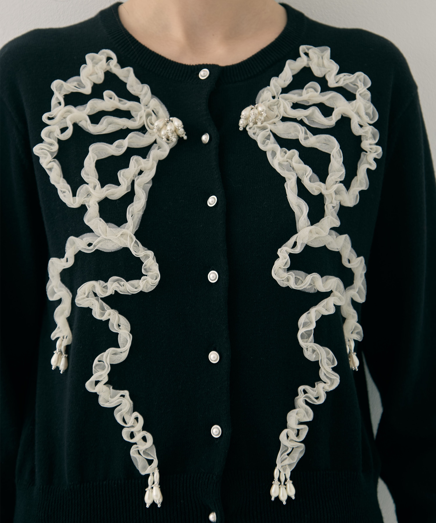 Ribbon tulle pearl embroidery cardigan tanakadaisuke