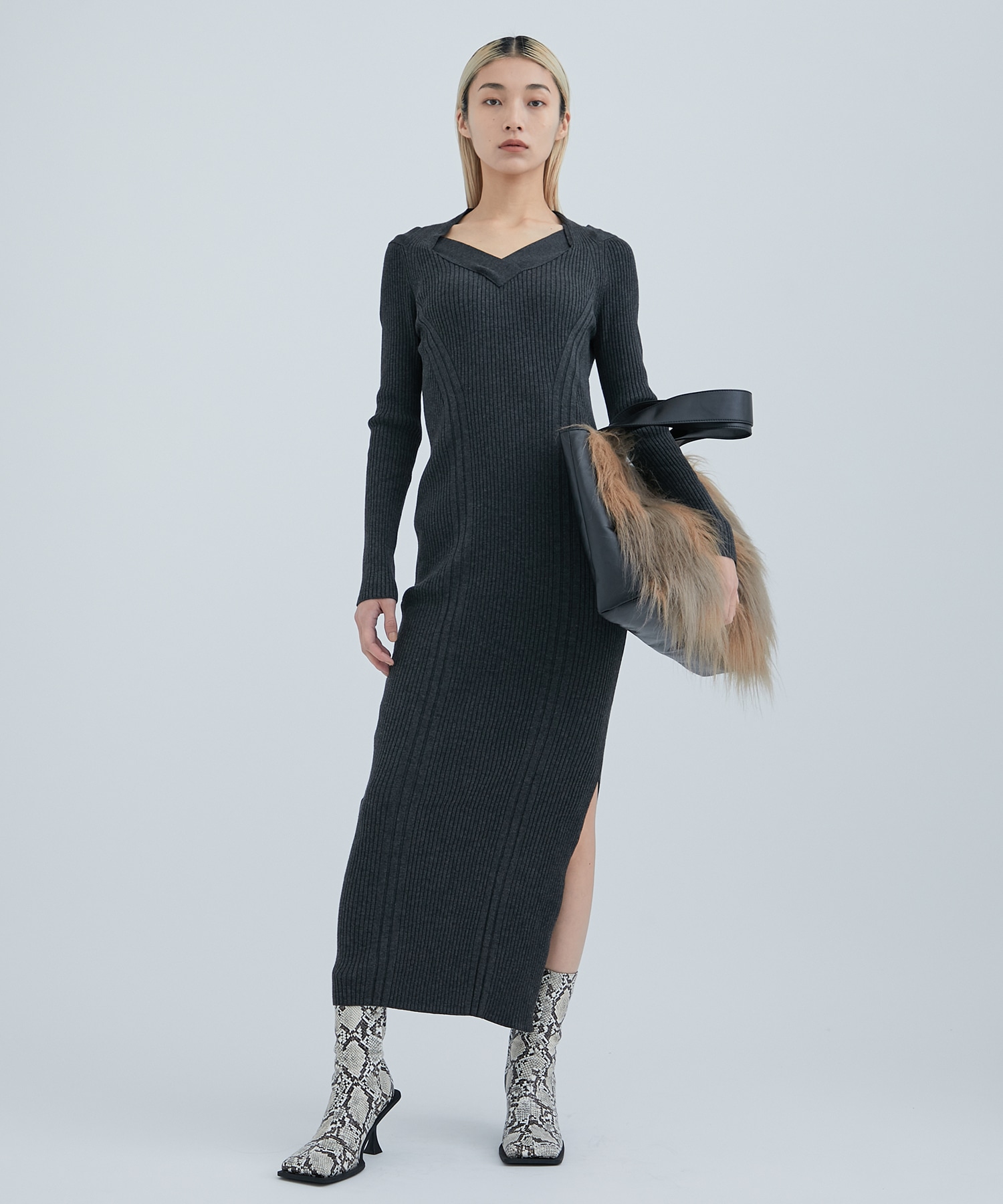 Design Neck Knit Dress(1 DARK GREY): STUDIOUS: WOMENS｜ STUDIOUS