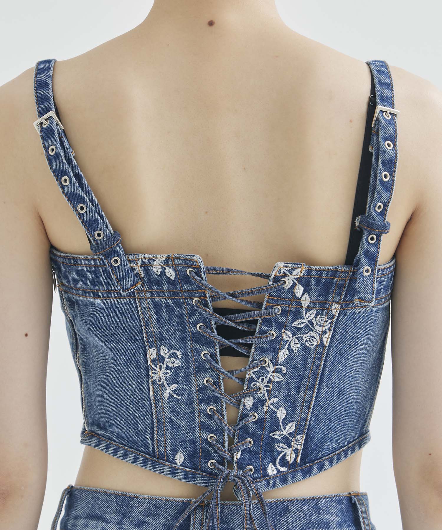 FLOWER EMBROIDERED DENIM BUSTIER FETICO