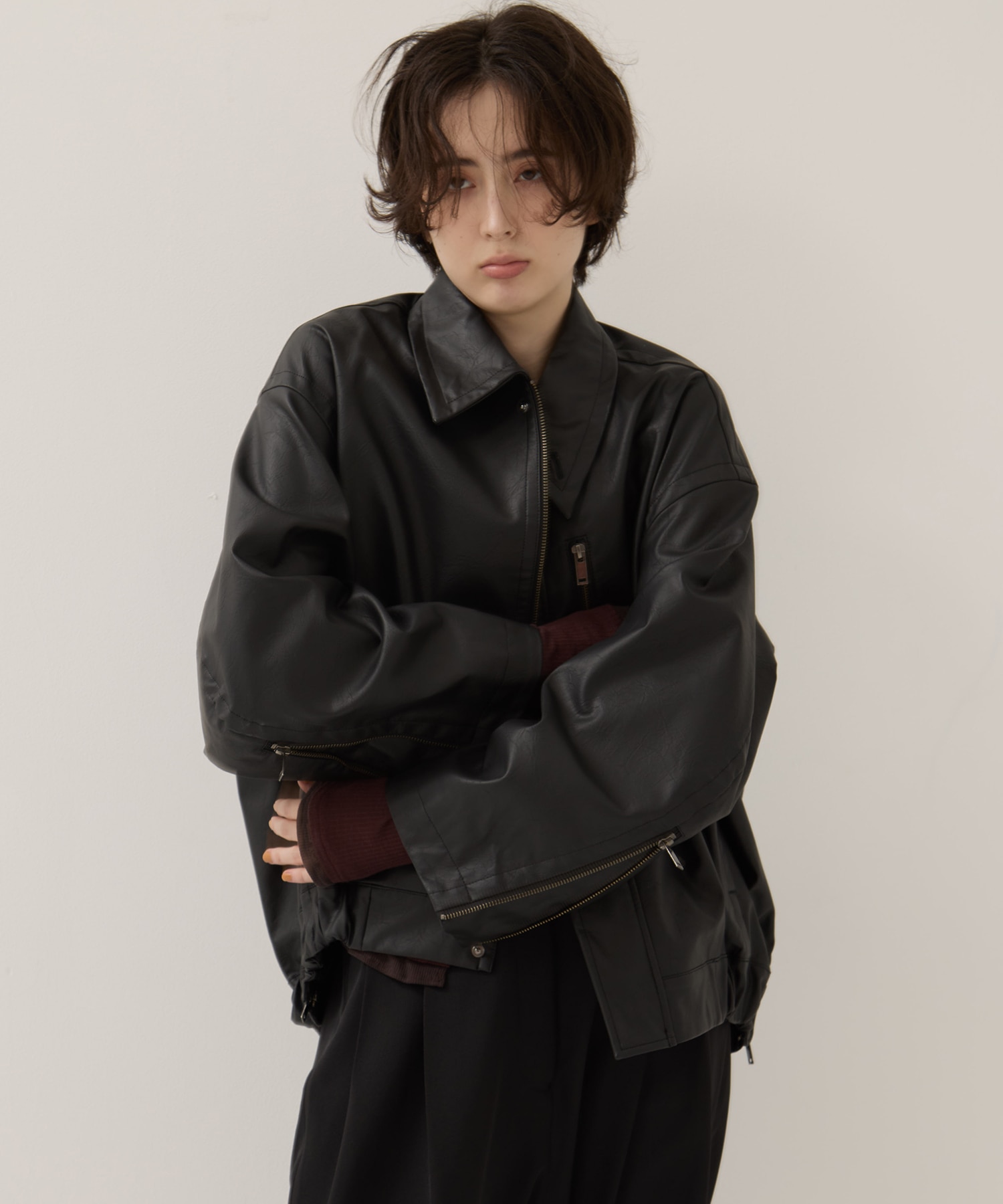 Faux Leather Stand Collar Blouson STUDIOUS