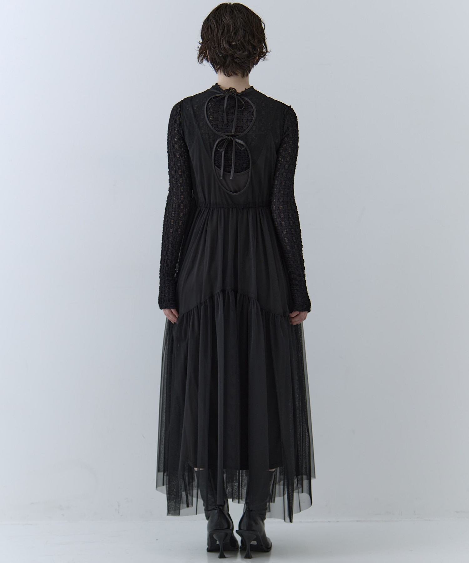 BLACK TULLE WAVE TIERED DRESS AMERI