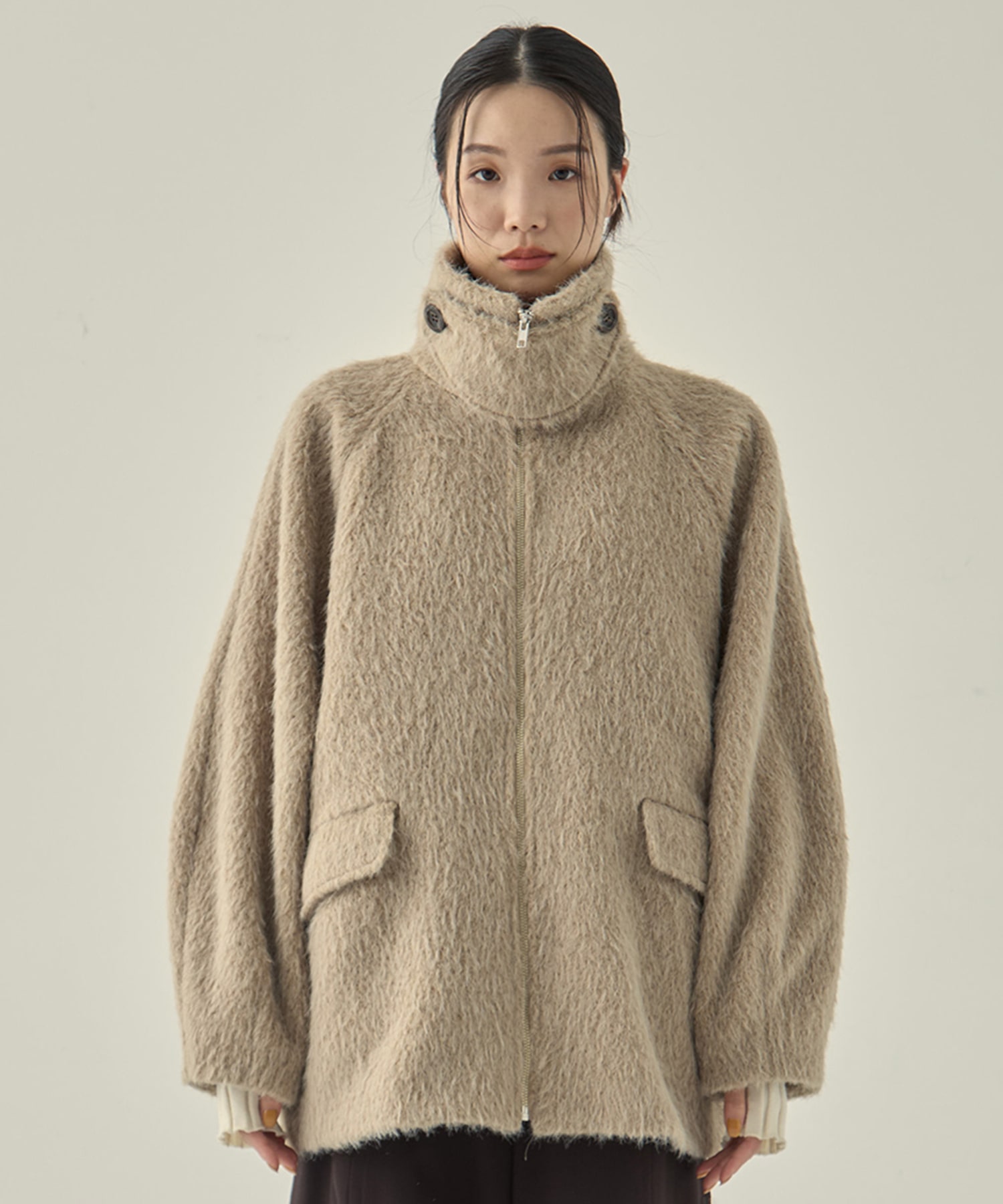 STAND COLLAR SHAGGY MIDDLE COAT STUDIOUS
