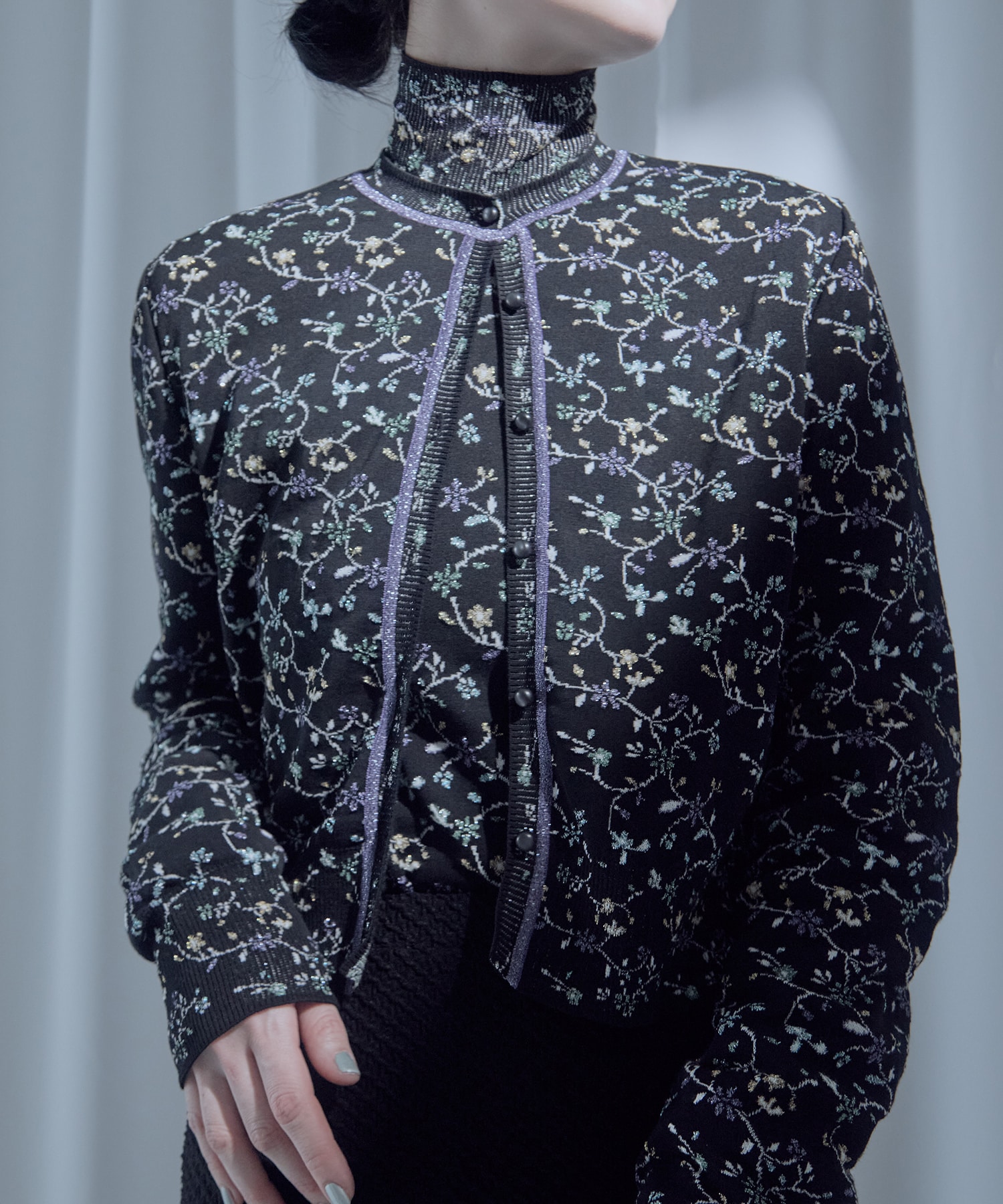 Floral Motif Glitter High Neck Knit Top Mame Kurogouchi