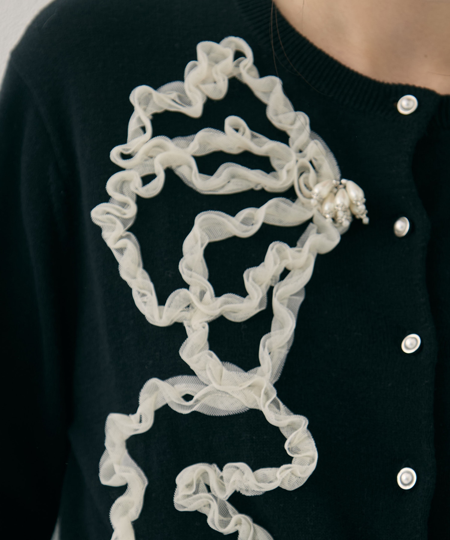 Ribbon tulle pearl embroidery cardigan tanakadaisuke