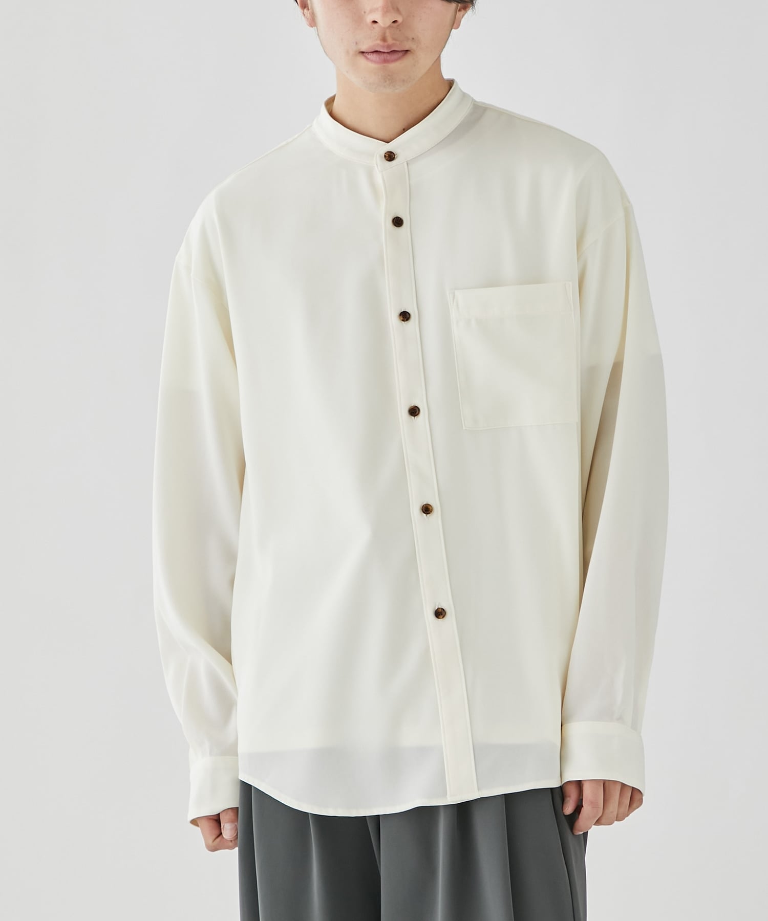 Chambray Stand Collar Cuffless Shirt | blurhms