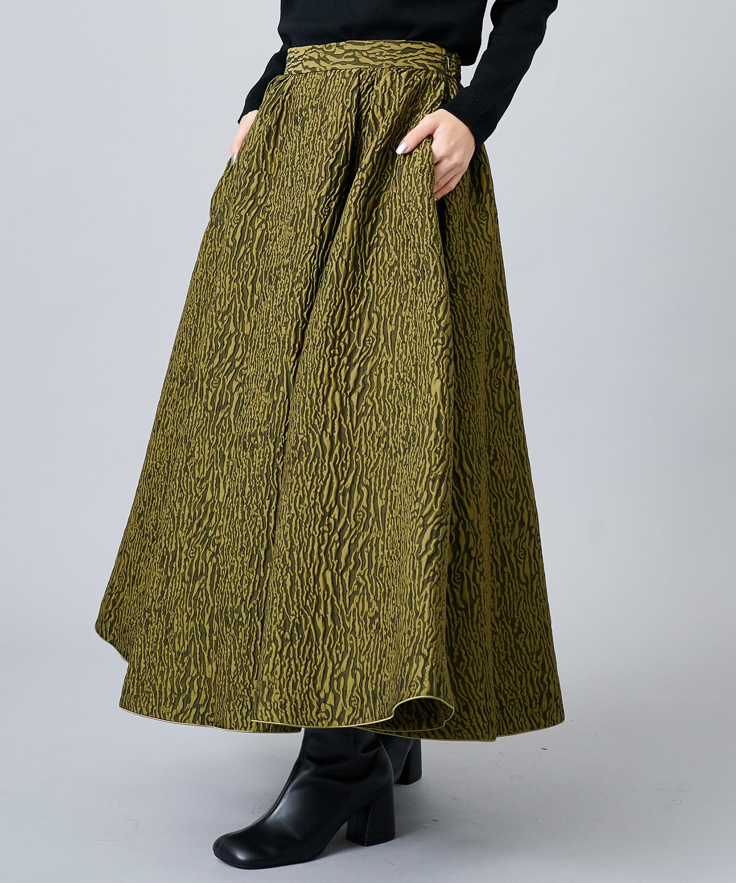 JACQUARD TUCK VOLUME SKIRT(S KHAKI): AMERI: WOMENS｜ STUDIOUS