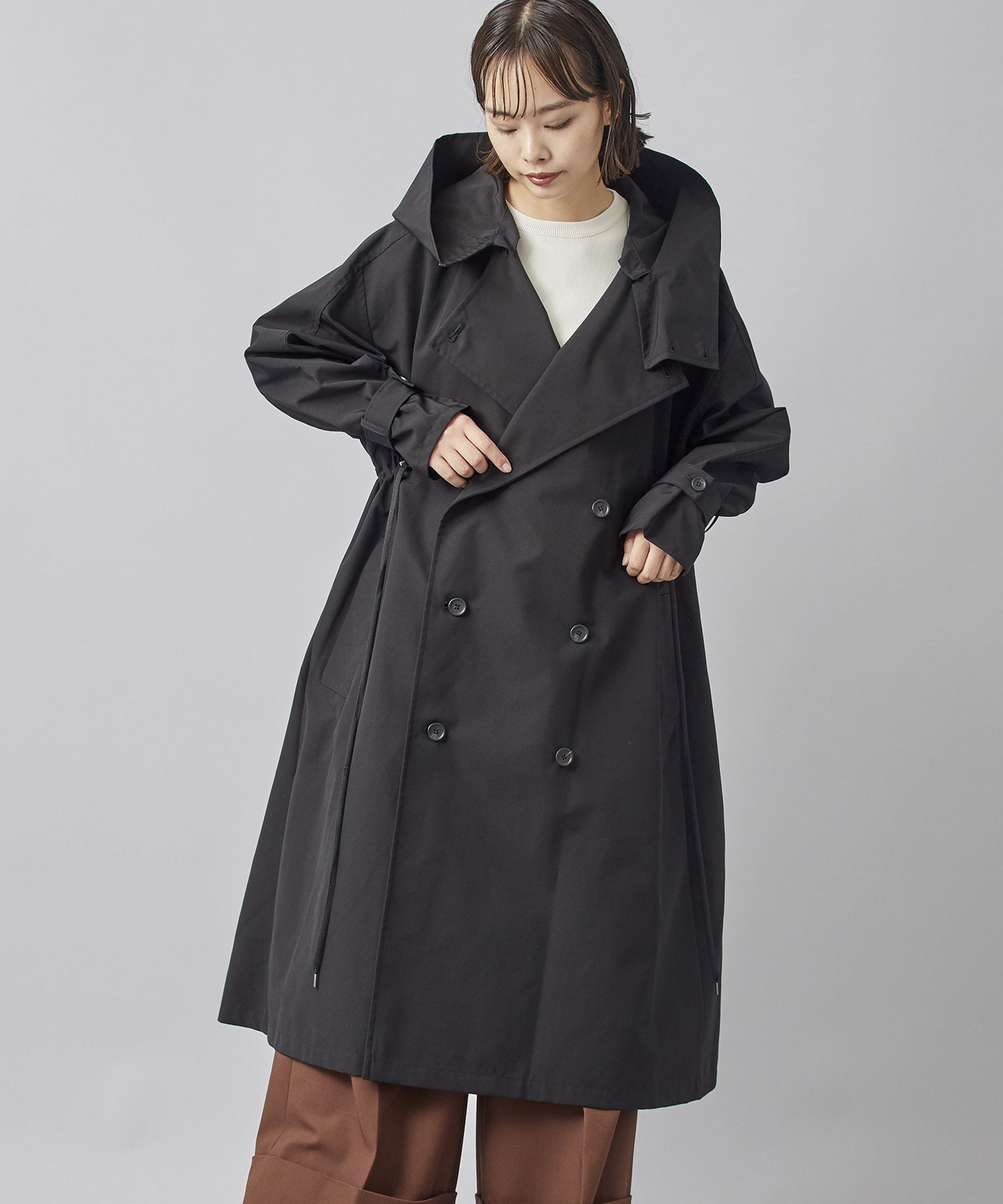 ladies long black coat with hood