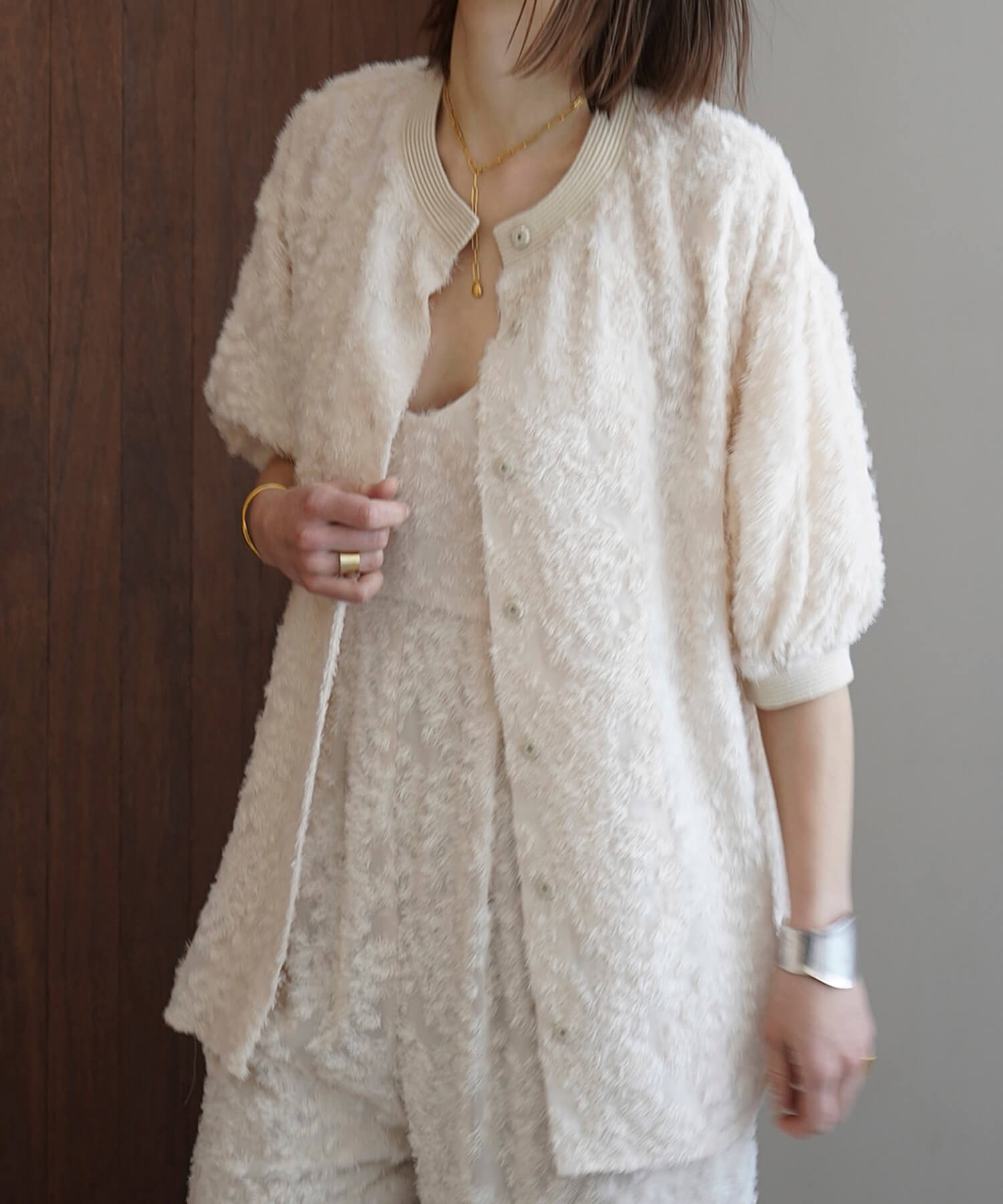 メール便可/取り寄せ FRINGE HALF SLEEVE CARDIGAN アイボリー