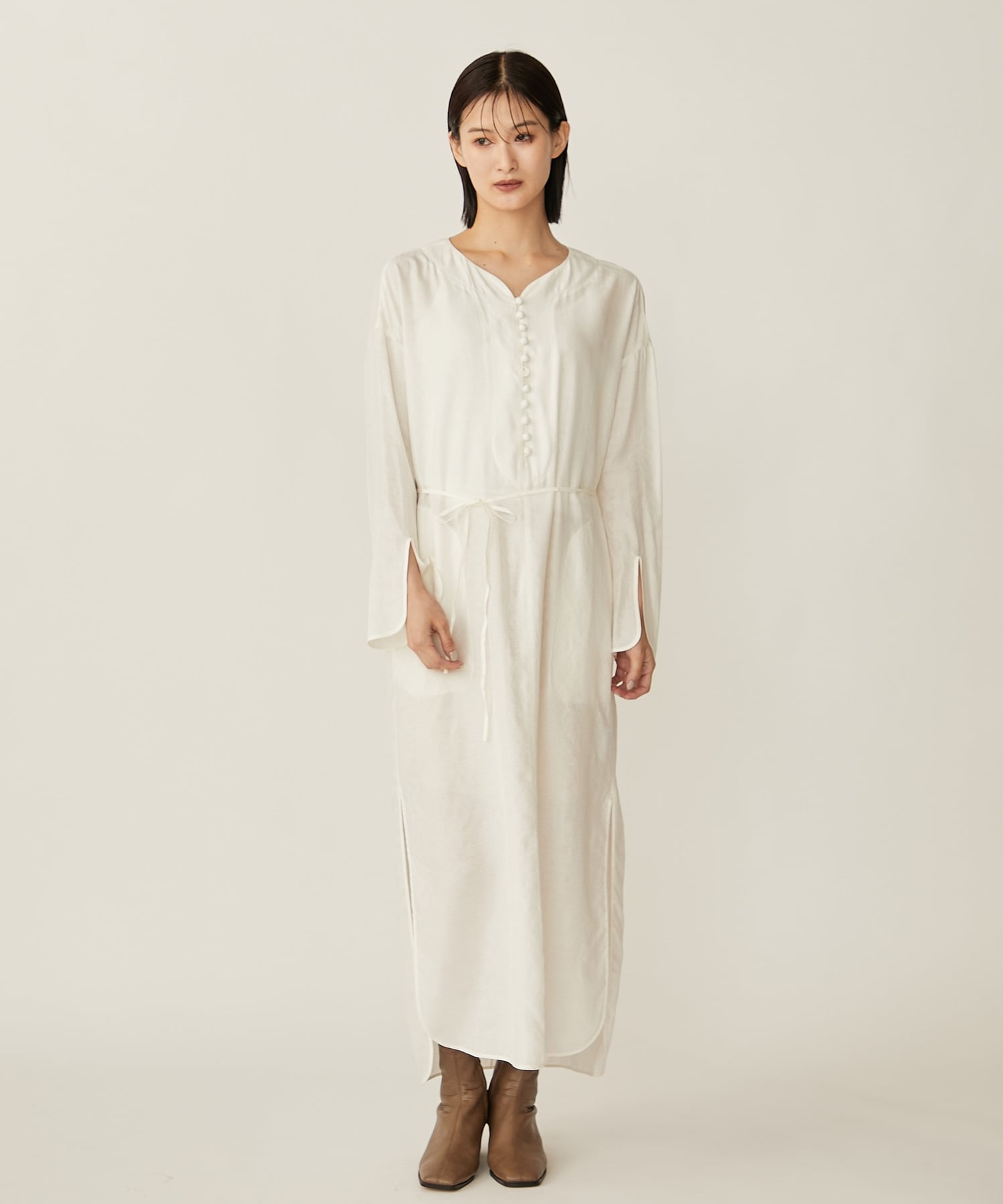 Floral Pattern Silk Rayon Jacquard I-Line Dress(1 WHITE): Mame