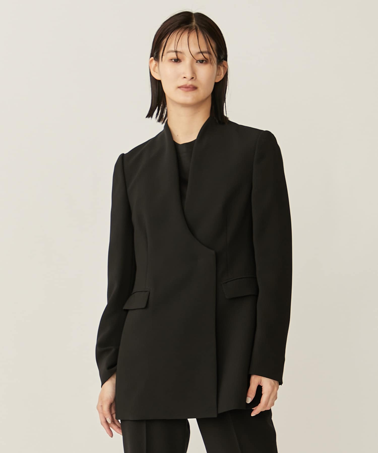 Collarless Double Breasted Suit Jacket - ノーカラージャケット