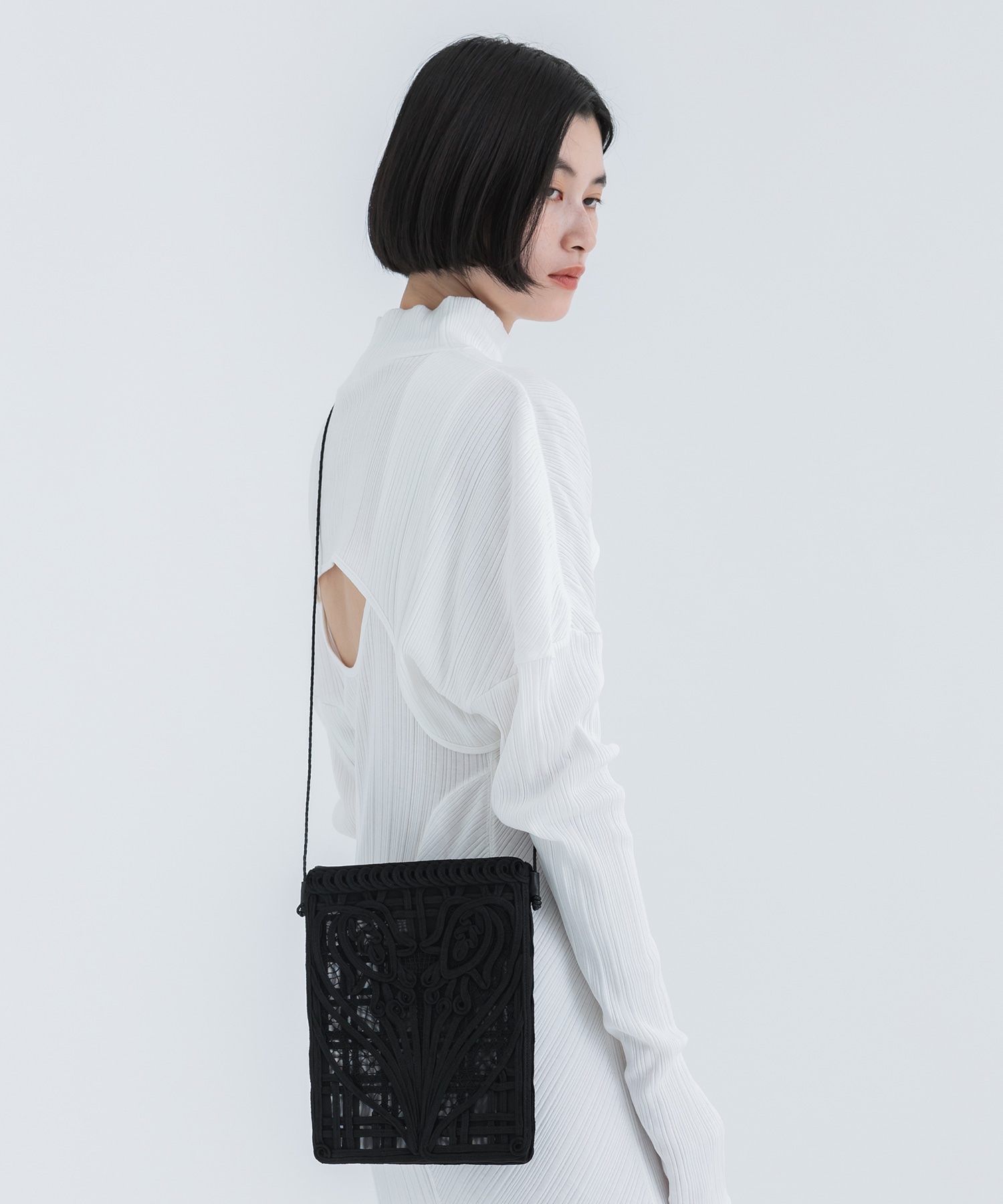 Cording Embroidery Pouch With Leather Strap