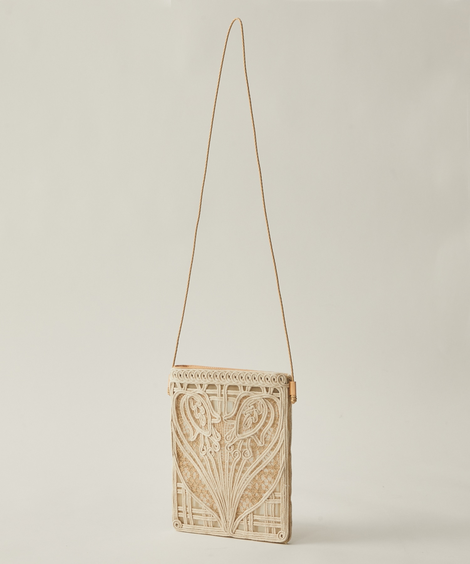 Cording Embroidery Pouch With Leather Strap