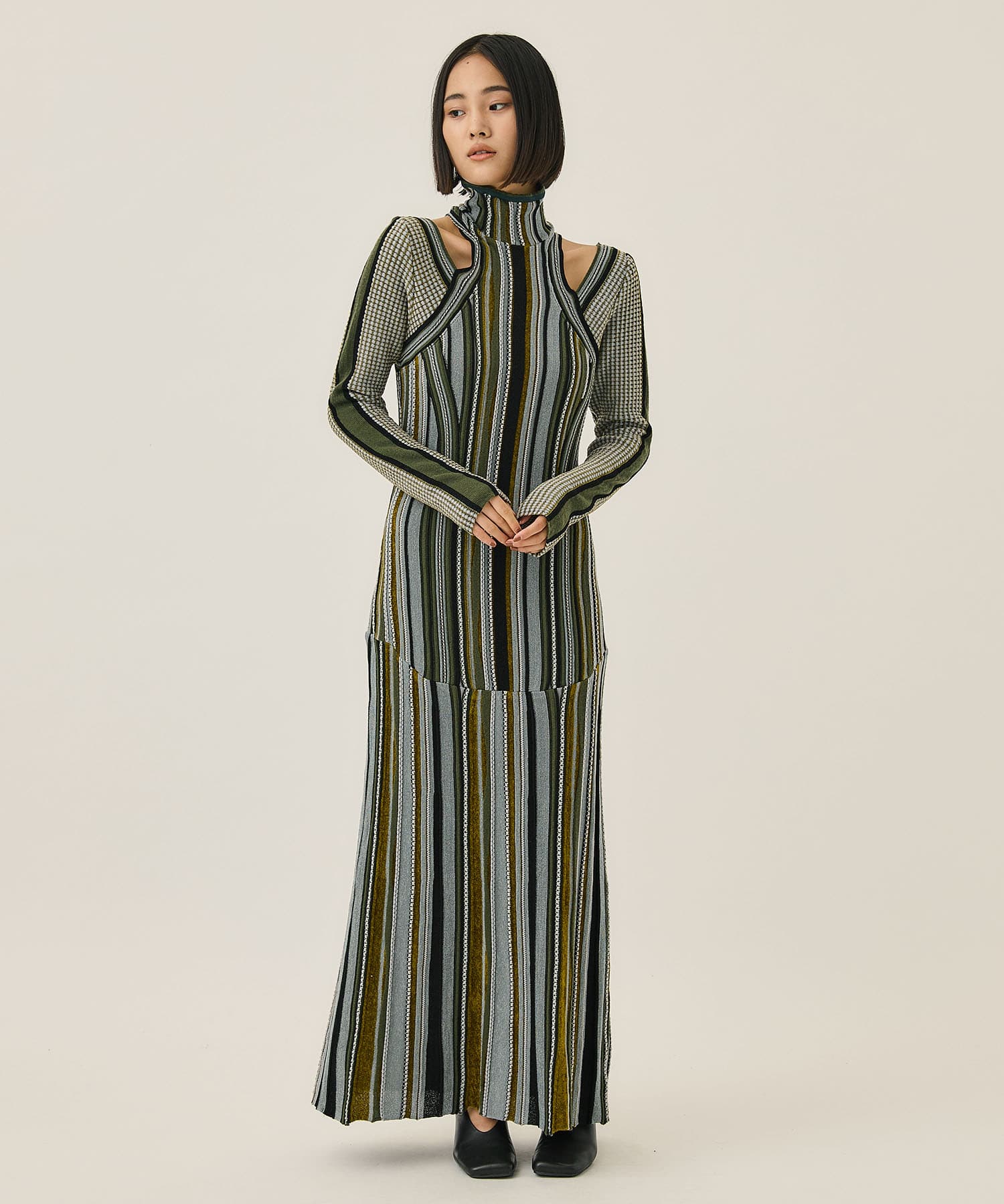 Stripe Jacquard High Neck Knitted Dress(1 KHAKI): Mame Kurogouchi