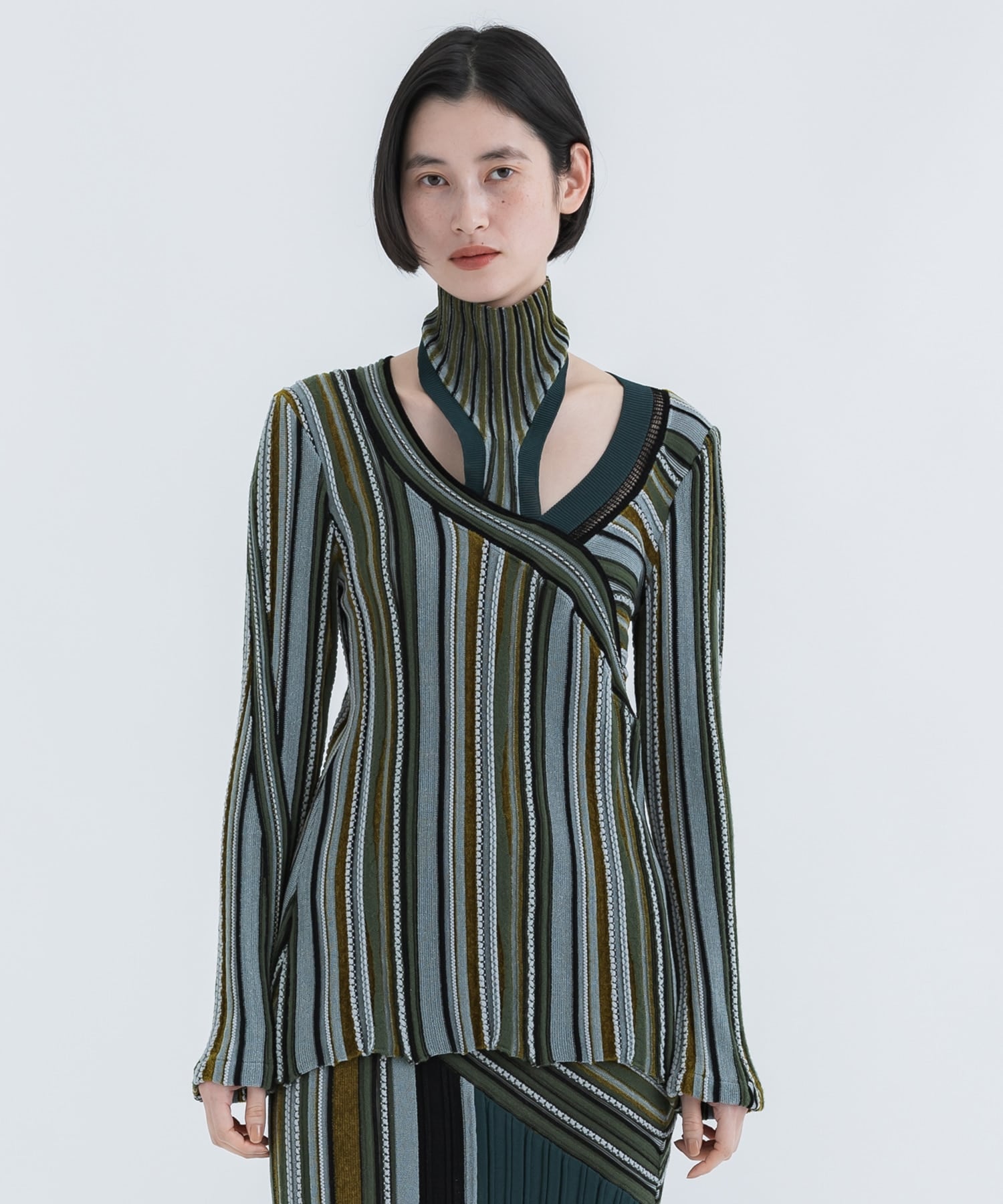 Stripe Jacquard High Neck Knitted Top