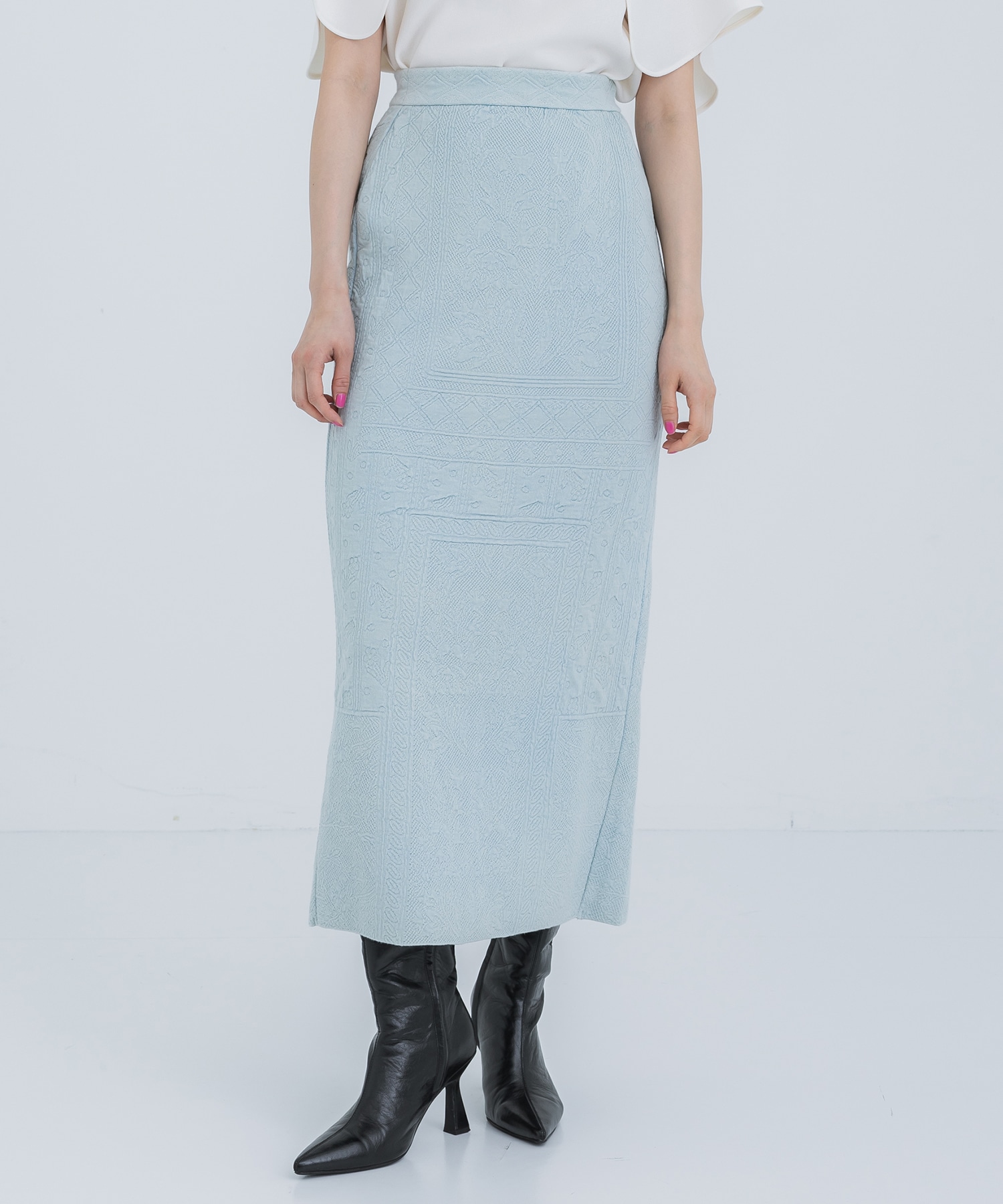 Floral Pattern Jacquard Washed Knitted Skirt(1 BLUE): Mame 