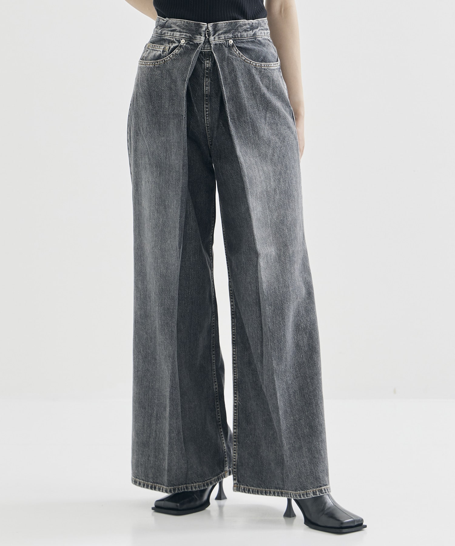 WASHED DENIM WIDE PANTS (SHORT LENGTH)