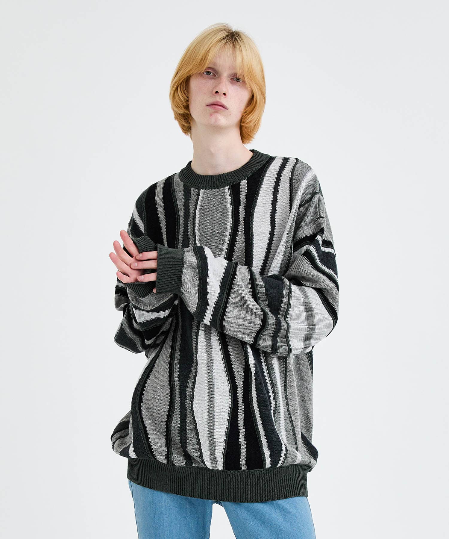 7G FEATHER STRIPE KNIT PULLOVER
